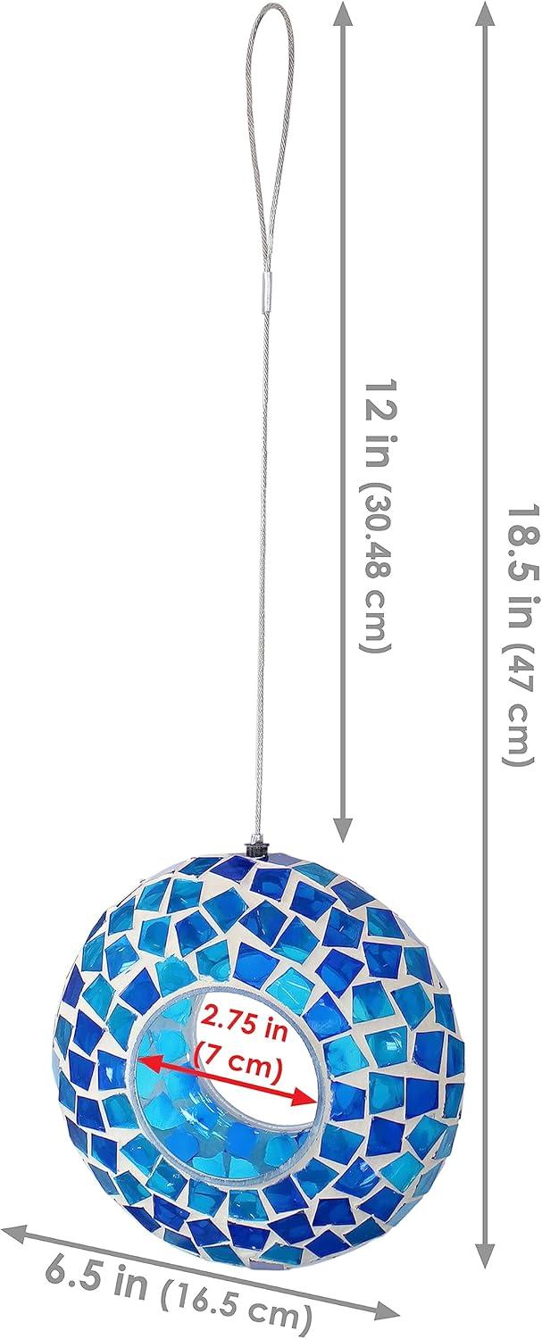 image:imageSunnydaze 10Inch Glass Mosaic Hanging Bird Feeder for Outdoors FlyThrough Glass Bird Feeder for Cardinals Jays Finches and More Pearl Pink FlowerBlue Mosaic