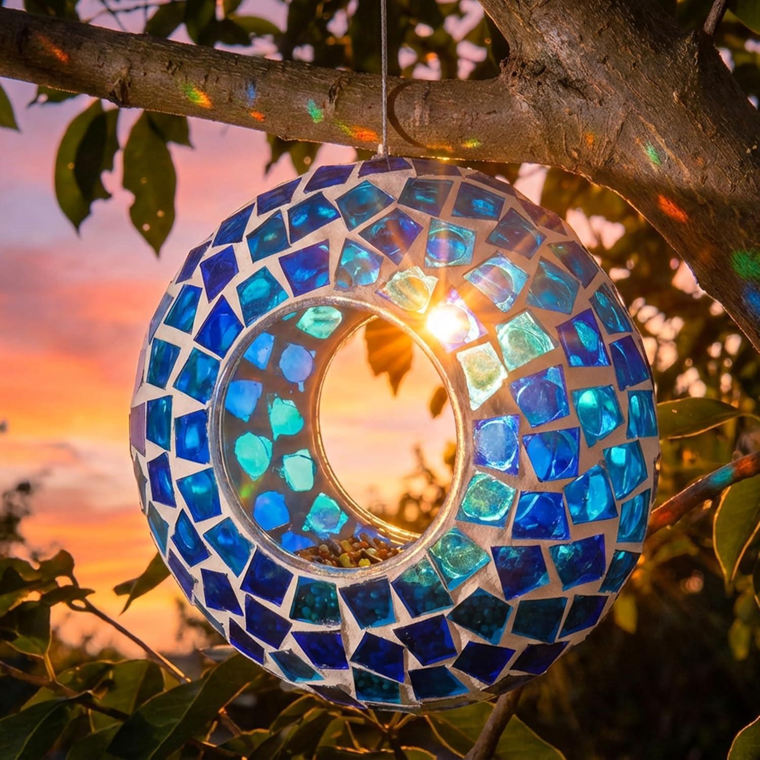 image:imageSunnydaze 10Inch Glass Mosaic Hanging Bird Feeder for Outdoors FlyThrough Glass Bird Feeder for Cardinals Jays Finches and More Pearl Pink FlowerBlue Mosaic