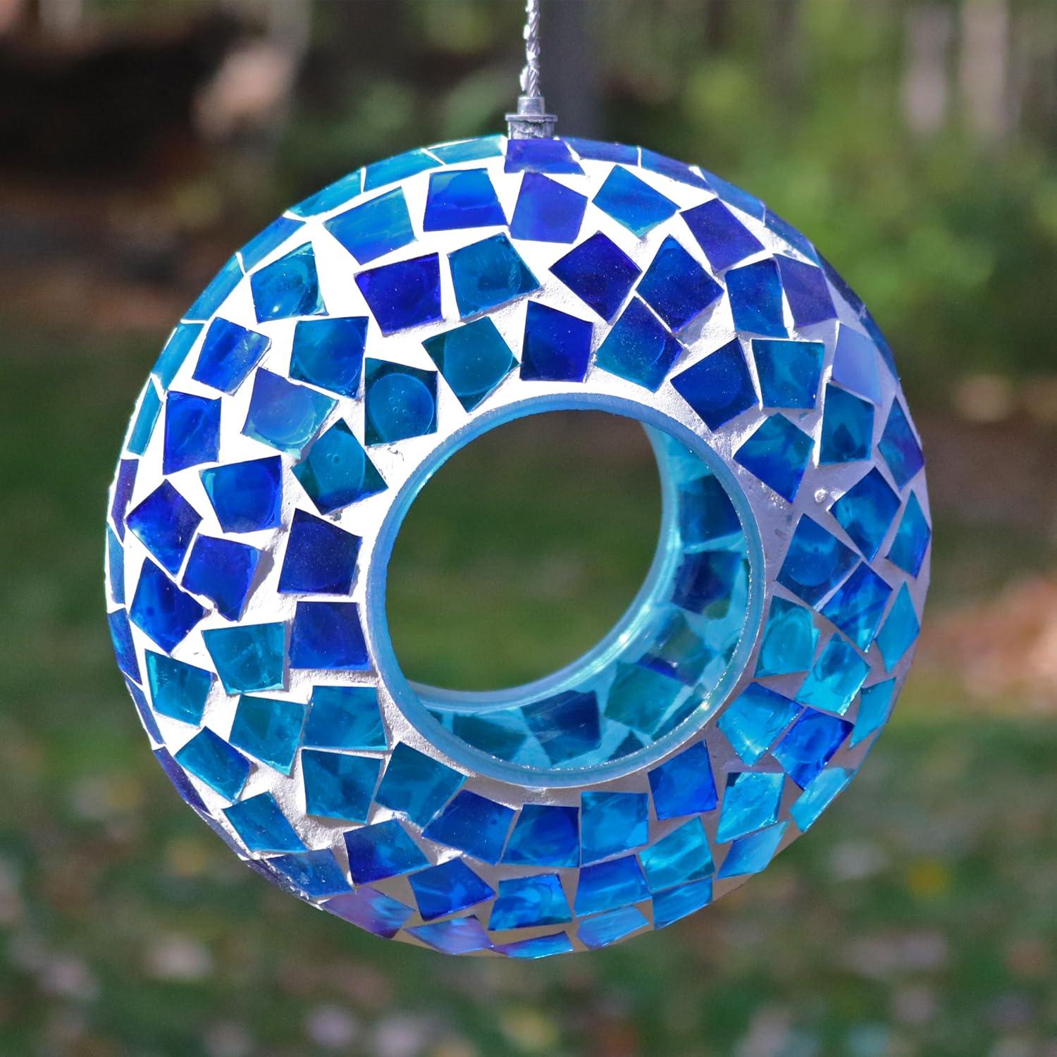 image:imageSunnydaze 10Inch Glass Mosaic Hanging Bird Feeder for Outdoors FlyThrough Glass Bird Feeder for Cardinals Jays Finches and More Pearl Pink FlowerBlue Mosaic