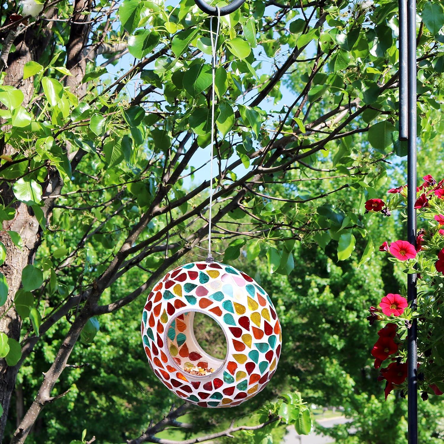 image:imageSunnydaze 10Inch Glass Mosaic Hanging Bird Feeder for Outdoors FlyThrough Glass Bird Feeder for Cardinals Jays Finches and More Pearl Pink FlowerConfetti Mosaic