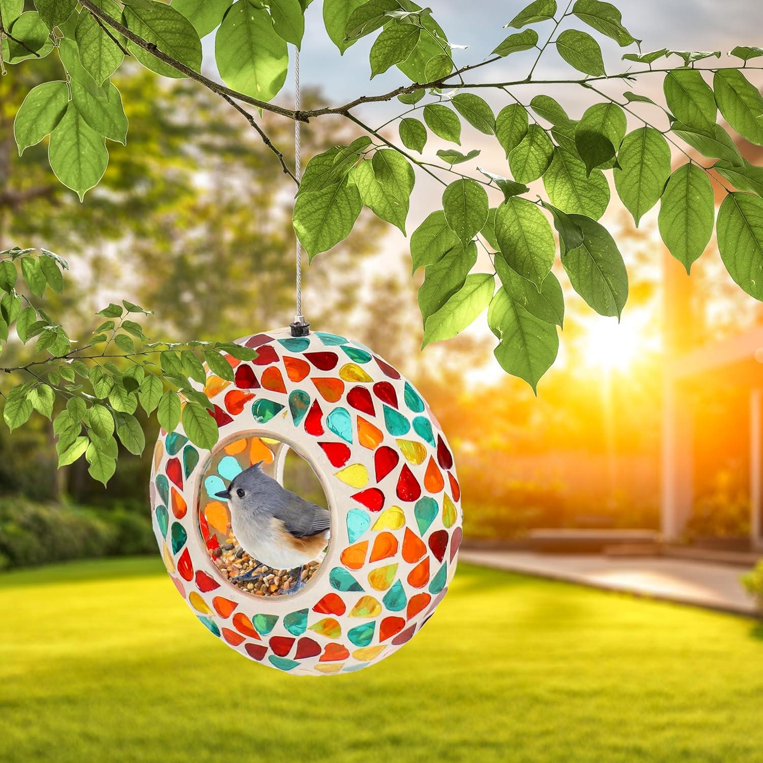 image:imageSunnydaze 10Inch Glass Mosaic Hanging Bird Feeder for Outdoors FlyThrough Glass Bird Feeder for Cardinals Jays Finches and More Pearl Pink FlowerConfetti Mosaic