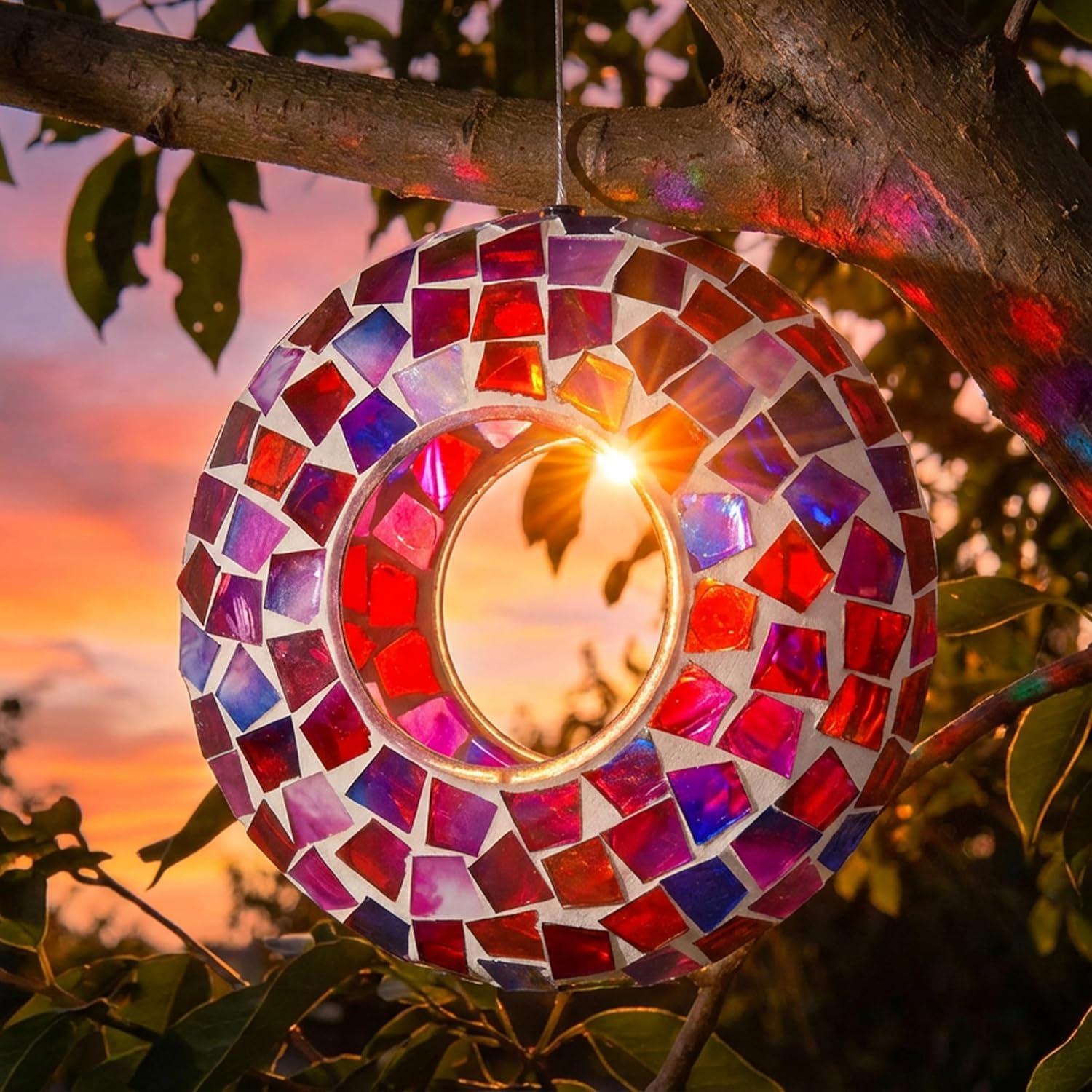 image:imageSunnydaze 10Inch Glass Mosaic Hanging Bird Feeder for Outdoors FlyThrough Glass Bird Feeder for Cardinals Jays Finches and More Pearl Pink FlowerCrimson Mosaic