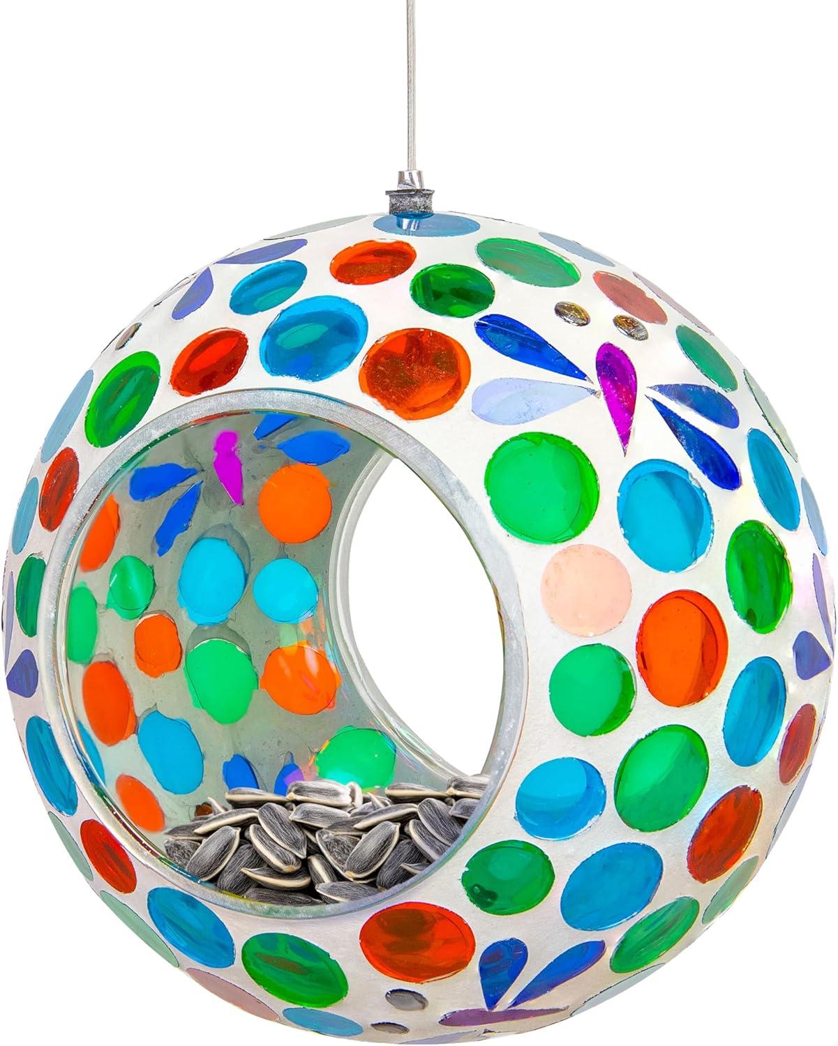 image:imageSunnydaze 10Inch Glass Mosaic Hanging Bird Feeder for Outdoors FlyThrough Glass Bird Feeder for Cardinals Jays Finches and More Pearl Pink FlowerDragonfly Dreams