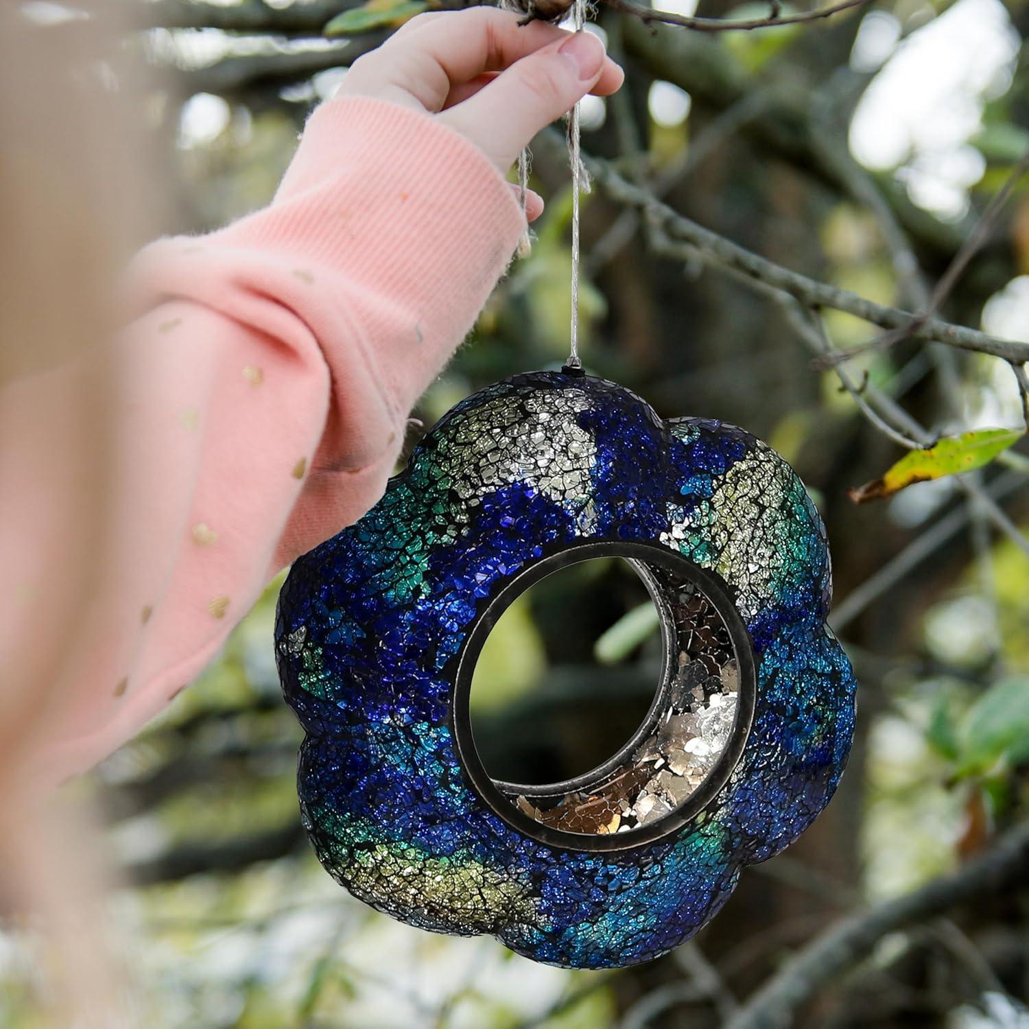 image:imageSunnydaze 10Inch Glass Mosaic Hanging Bird Feeder for Outdoors FlyThrough Glass Bird Feeder for Cardinals Jays Finches and More Pearl Pink FlowerIndigo Flower Mosaic
