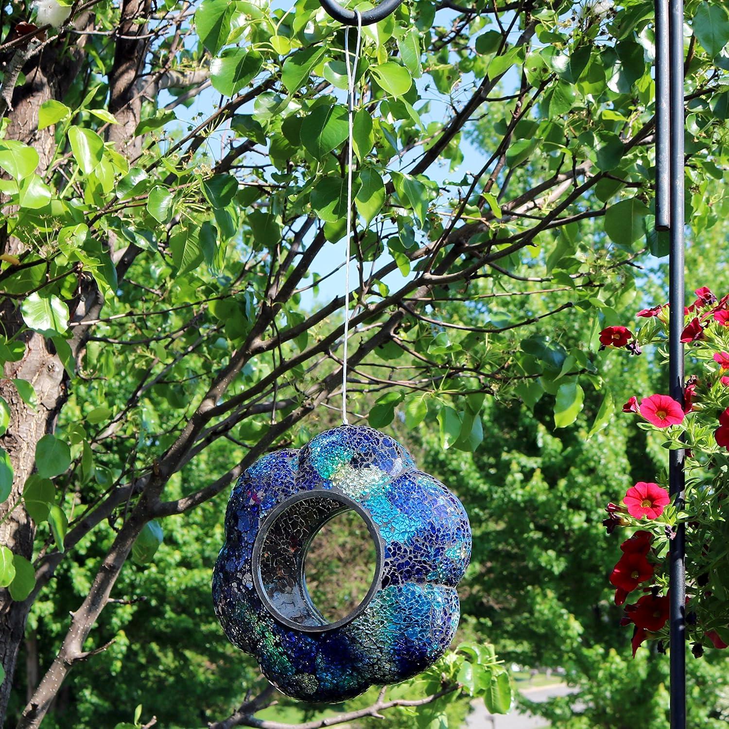 image:imageSunnydaze 10Inch Glass Mosaic Hanging Bird Feeder for Outdoors FlyThrough Glass Bird Feeder for Cardinals Jays Finches and More Pearl Pink FlowerIndigo Flower Mosaic