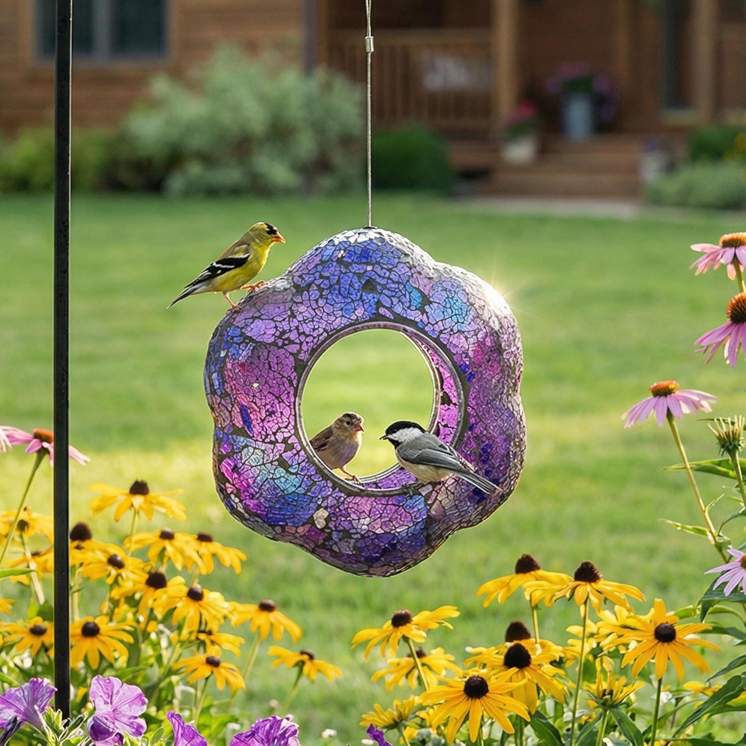 image:imageSunnydaze 10Inch Glass Mosaic Hanging Bird Feeder for Outdoors FlyThrough Glass Bird Feeder for Cardinals Jays Finches and More Pearl Pink FlowerIridescent Purple Flower