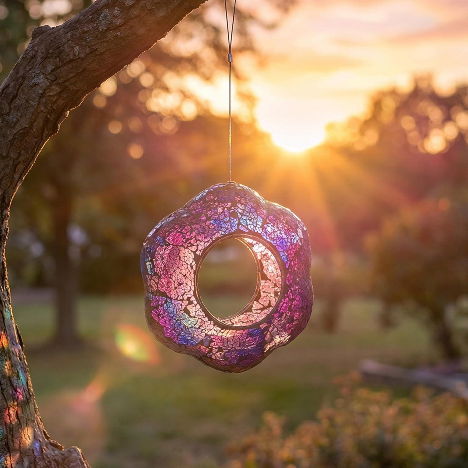 image:imageSunnydaze 10Inch Glass Mosaic Hanging Bird Feeder for Outdoors FlyThrough Glass Bird Feeder for Cardinals Jays Finches and More Pearl Pink FlowerIridescent Purple Flower
