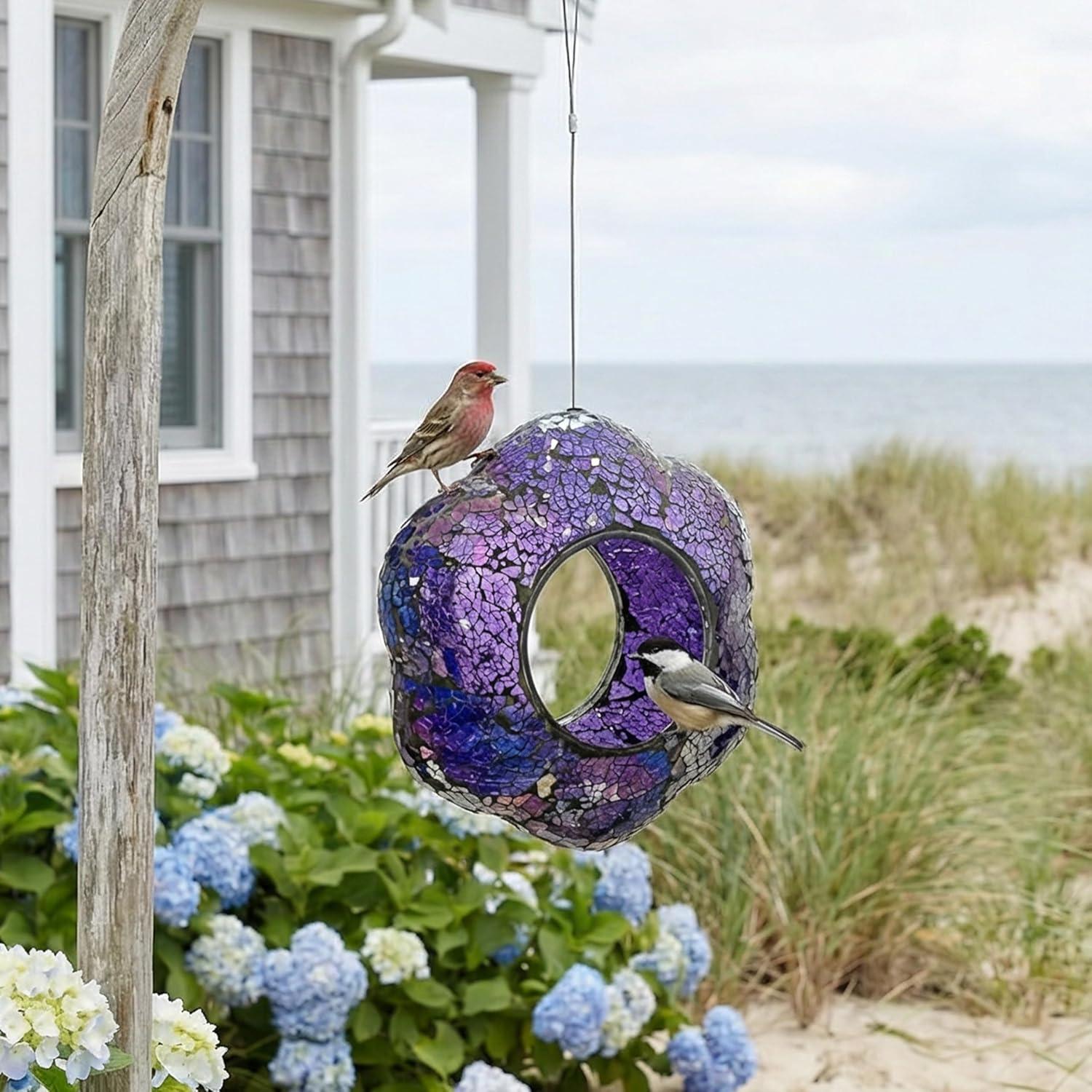 image:imageSunnydaze 10Inch Glass Mosaic Hanging Bird Feeder for Outdoors FlyThrough Glass Bird Feeder for Cardinals Jays Finches and More Pearl Pink FlowerIridescent Purple Flower