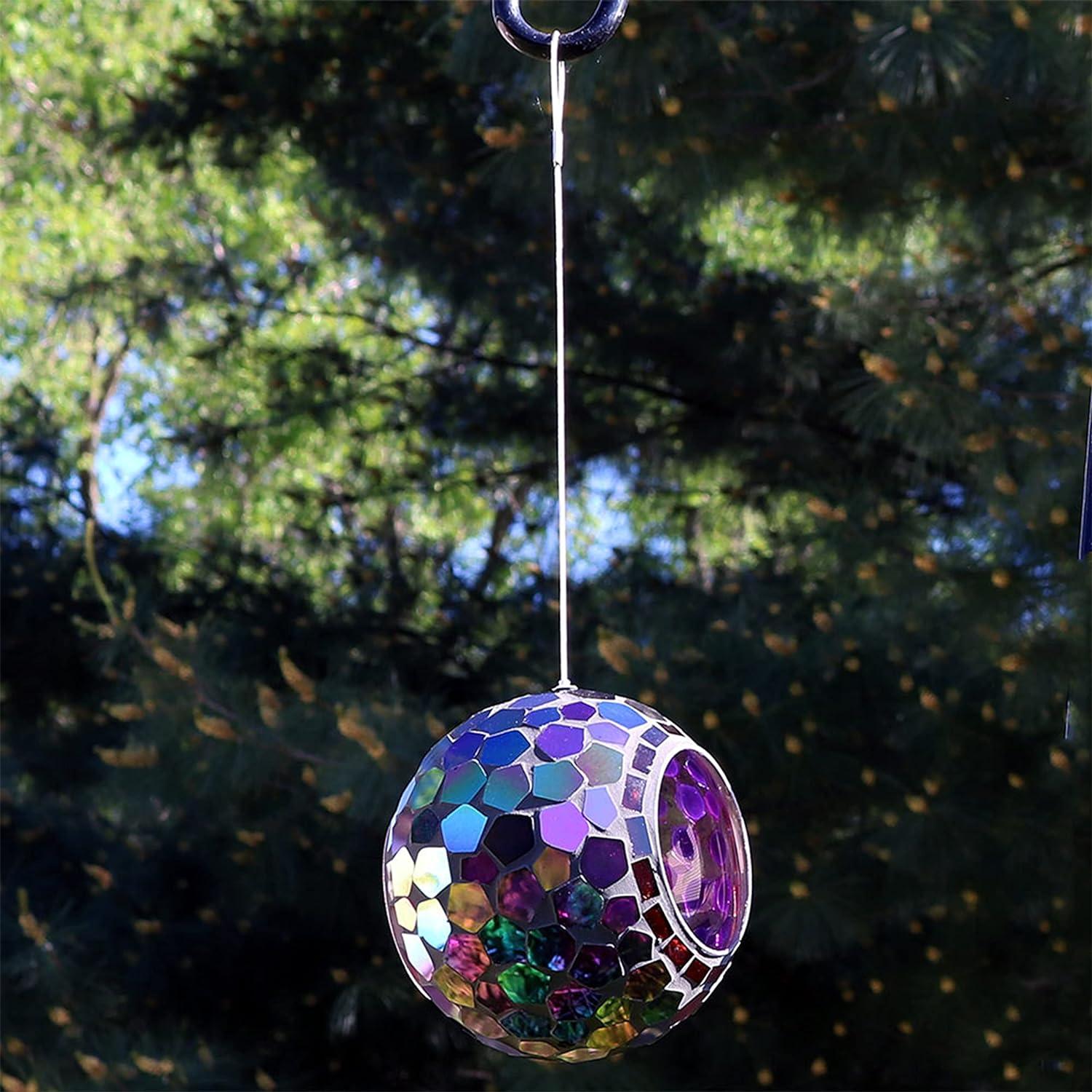 image:imageSunnydaze 10Inch Glass Mosaic Hanging Bird Feeder for Outdoors FlyThrough Glass Bird Feeder for Cardinals Jays Finches and More Pearl Pink FlowerIridescent Purple Mosaic