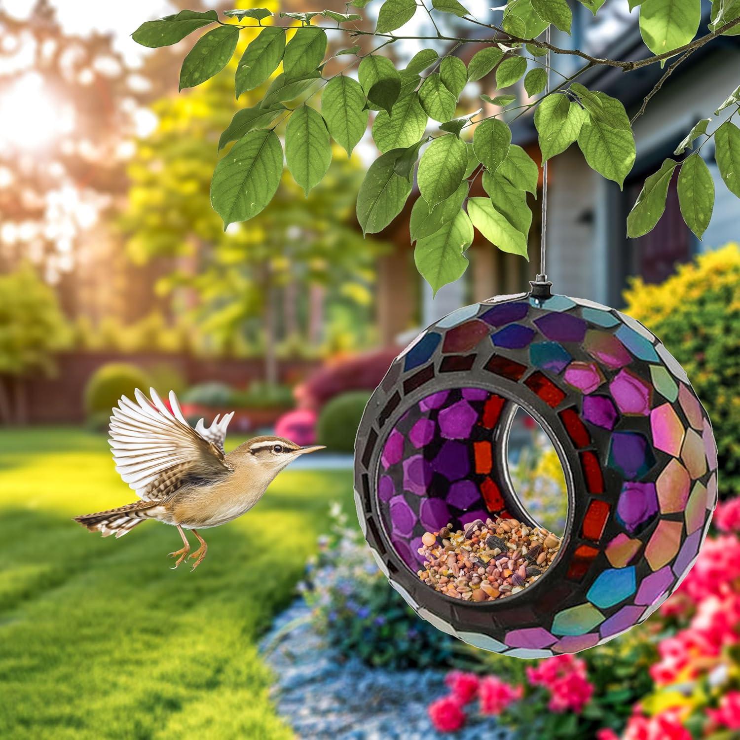 image:imageSunnydaze 10Inch Glass Mosaic Hanging Bird Feeder for Outdoors FlyThrough Glass Bird Feeder for Cardinals Jays Finches and More Pearl Pink FlowerIridescent Purple Mosaic