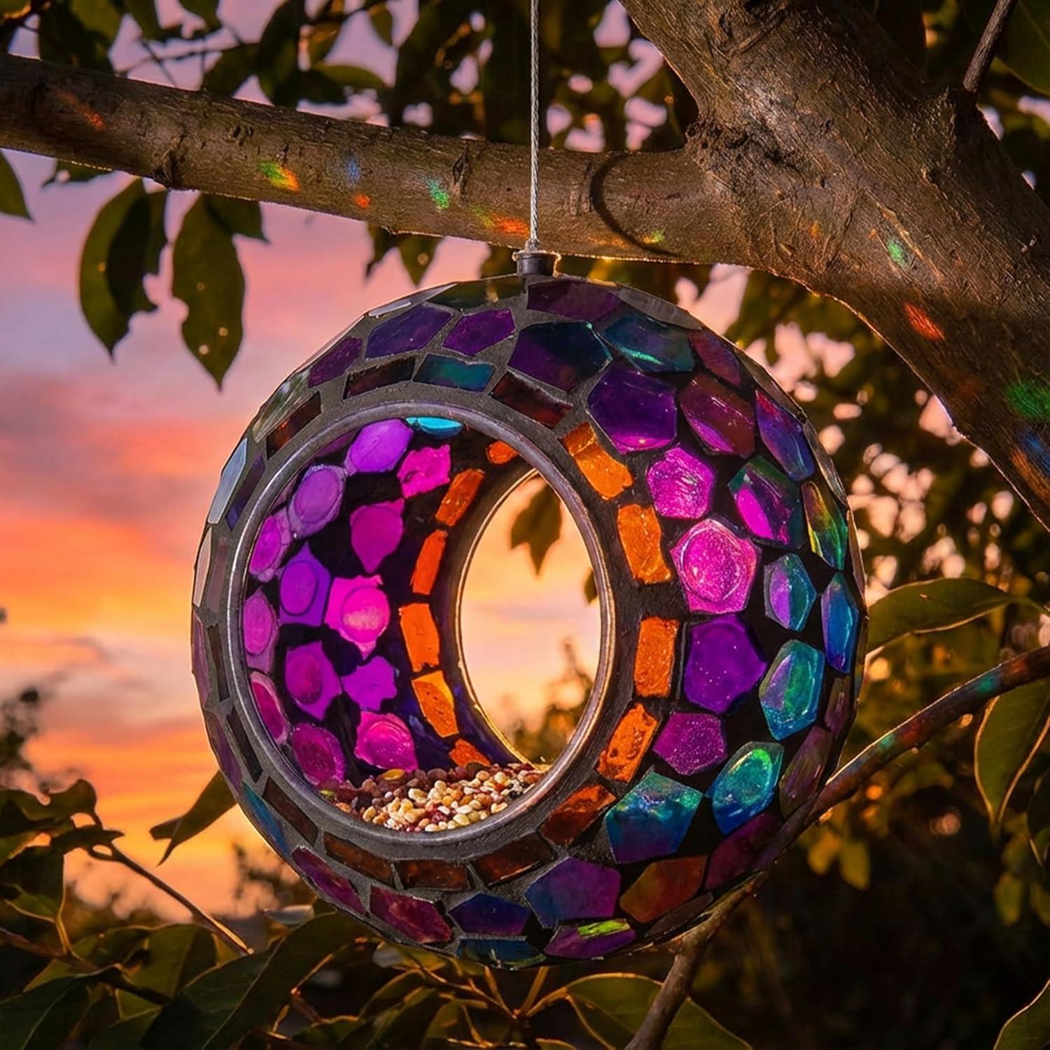 image:imageSunnydaze 10Inch Glass Mosaic Hanging Bird Feeder for Outdoors FlyThrough Glass Bird Feeder for Cardinals Jays Finches and More Pearl Pink FlowerIridescent Purple Mosaic