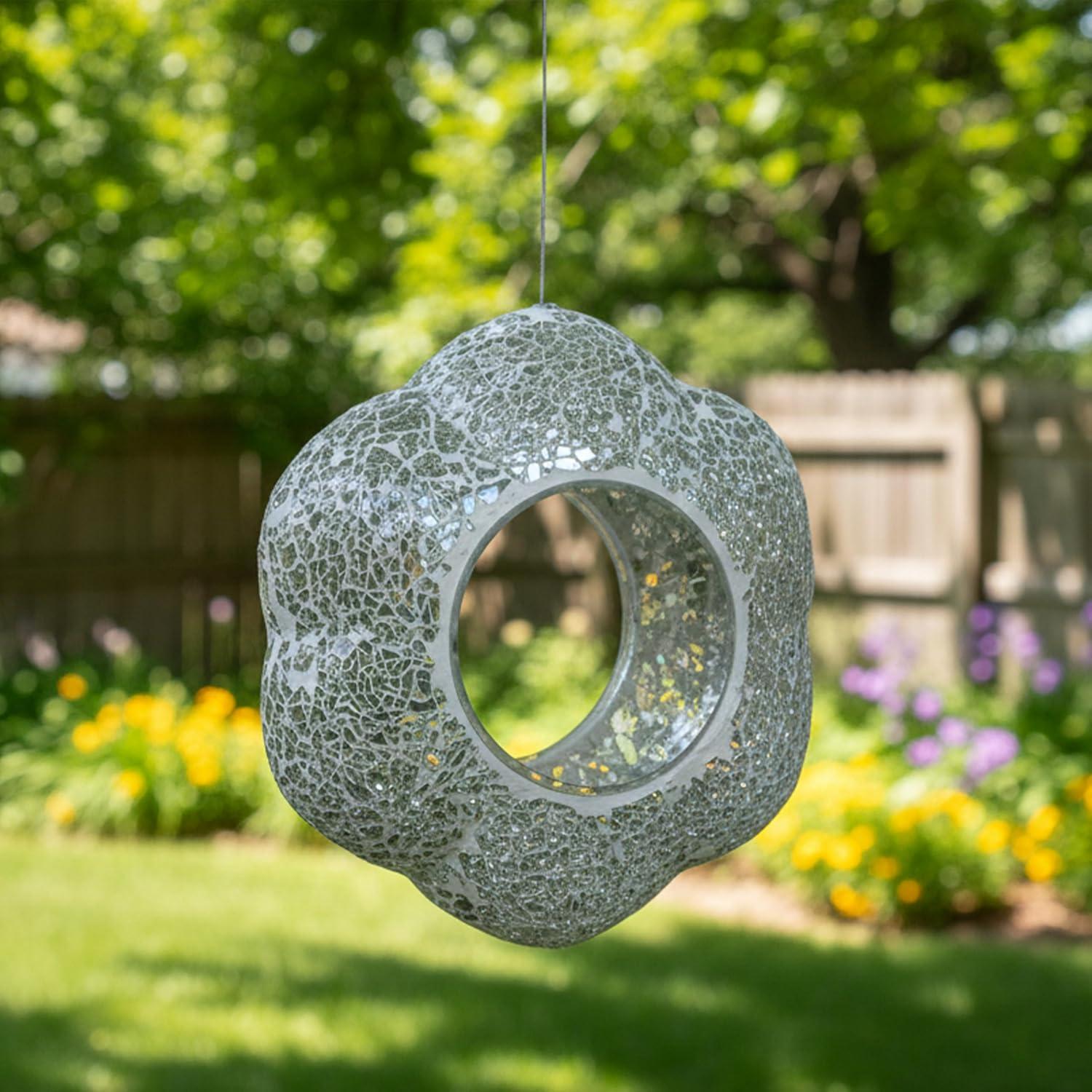 image:imageSunnydaze 10Inch Glass Mosaic Hanging Bird Feeder for Outdoors FlyThrough Glass Bird Feeder for Cardinals Jays Finches and More Pearl Pink FlowerMirrored Diamond Flower