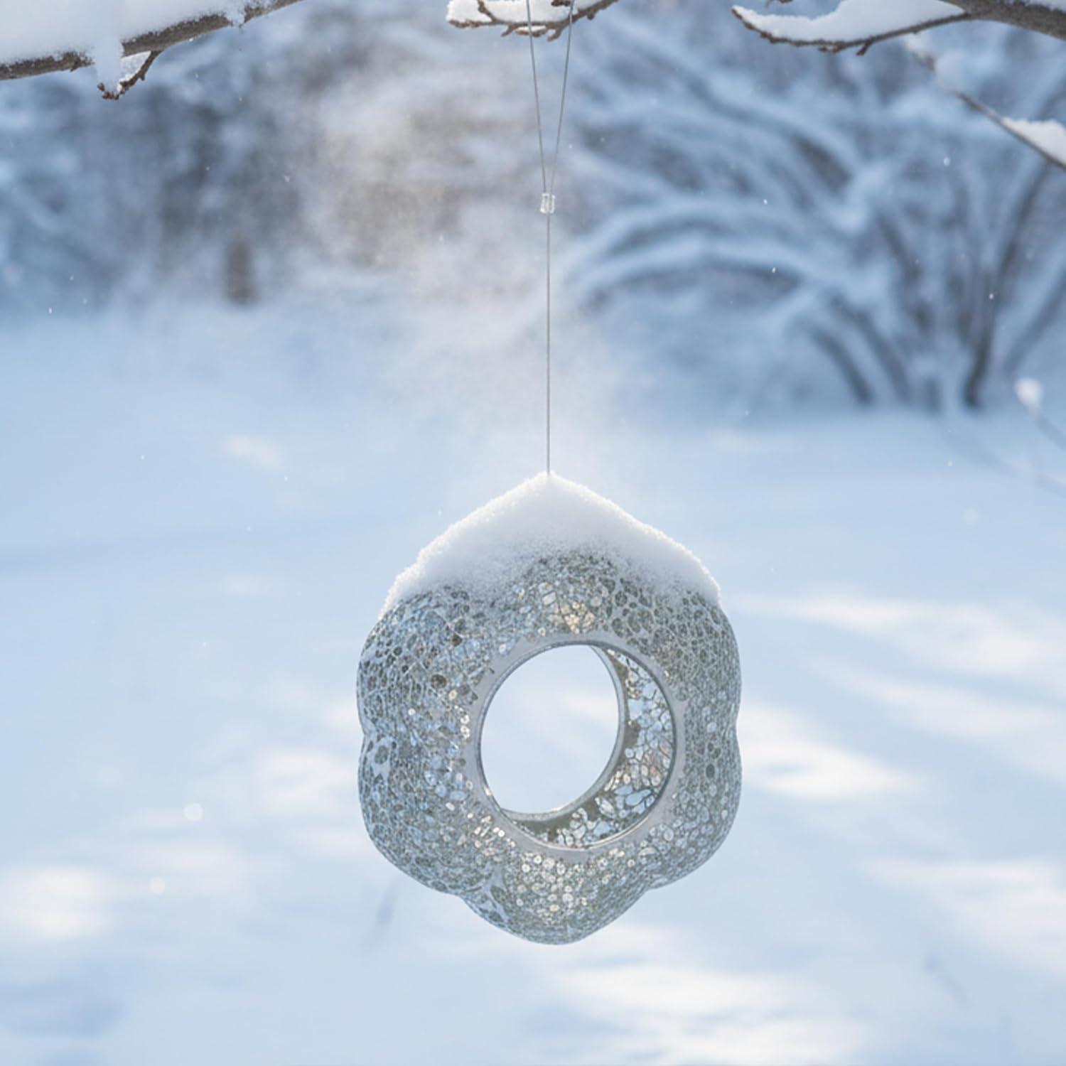 image:imageSunnydaze 10Inch Glass Mosaic Hanging Bird Feeder for Outdoors FlyThrough Glass Bird Feeder for Cardinals Jays Finches and More Pearl Pink FlowerMirrored Diamond Flower