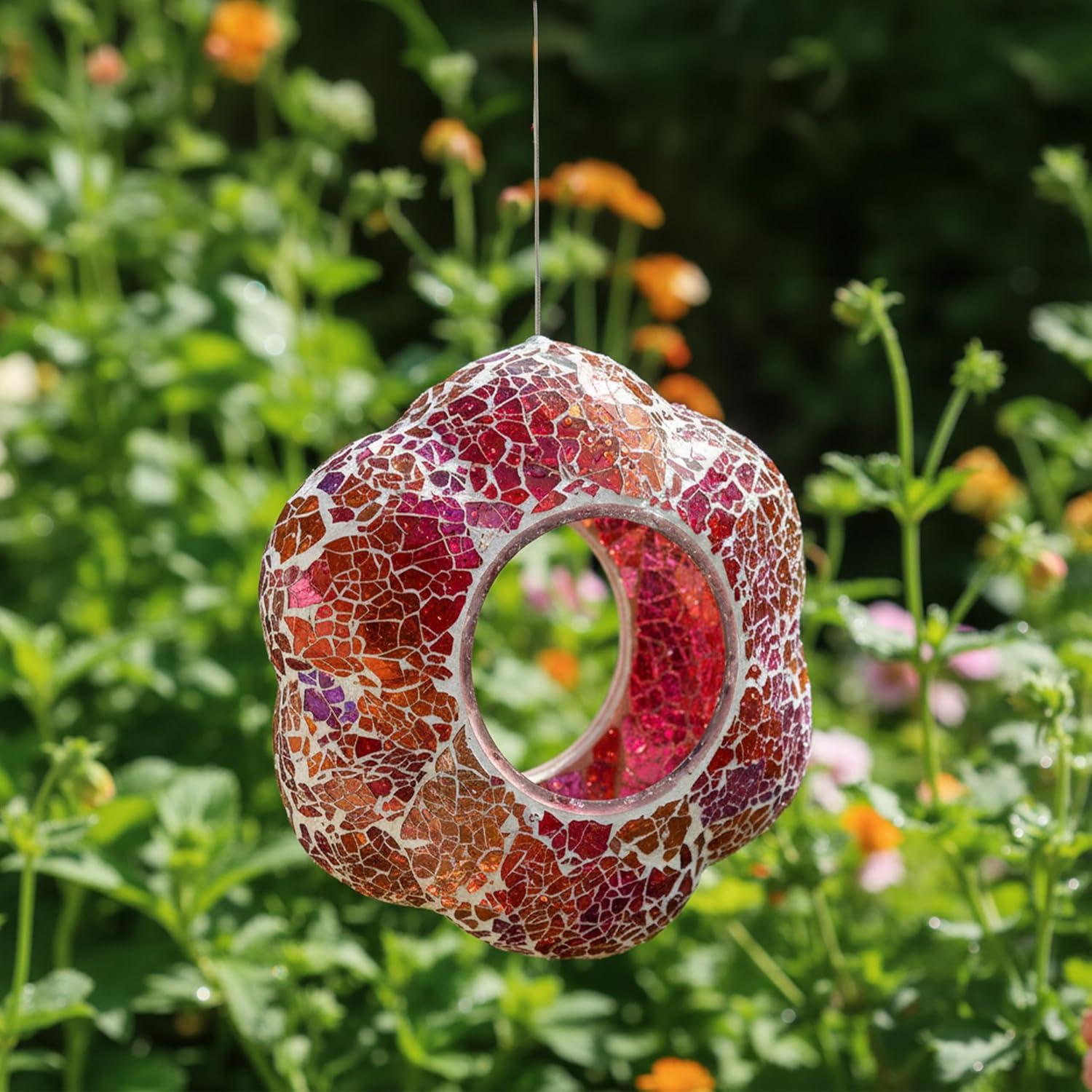 image:imageSunnydaze 10Inch Glass Mosaic Hanging Bird Feeder for Outdoors FlyThrough Glass Bird Feeder for Cardinals Jays Finches and More Pearl Pink FlowerPearl Pink Flower