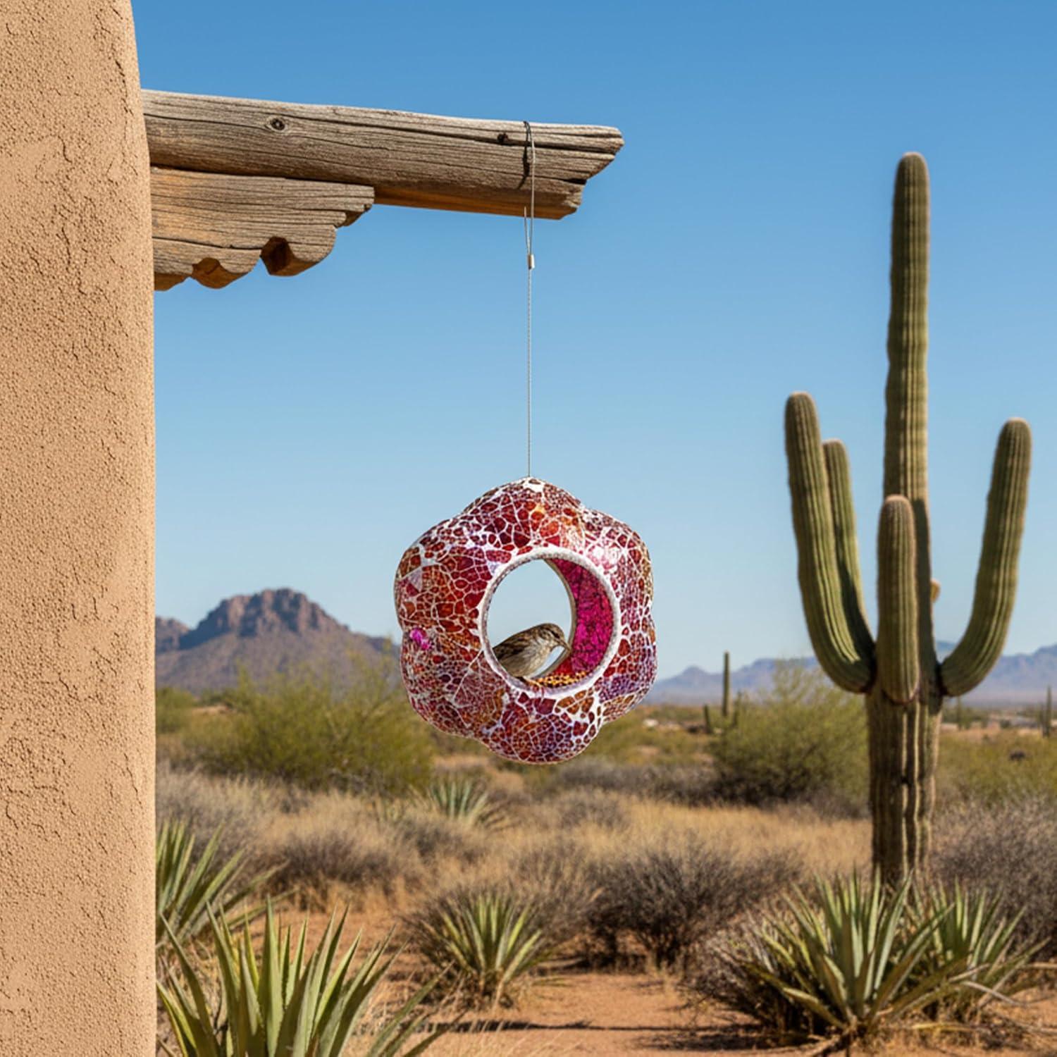 image:imageSunnydaze 10Inch Glass Mosaic Hanging Bird Feeder for Outdoors FlyThrough Glass Bird Feeder for Cardinals Jays Finches and More Pearl Pink FlowerPearl Pink Flower