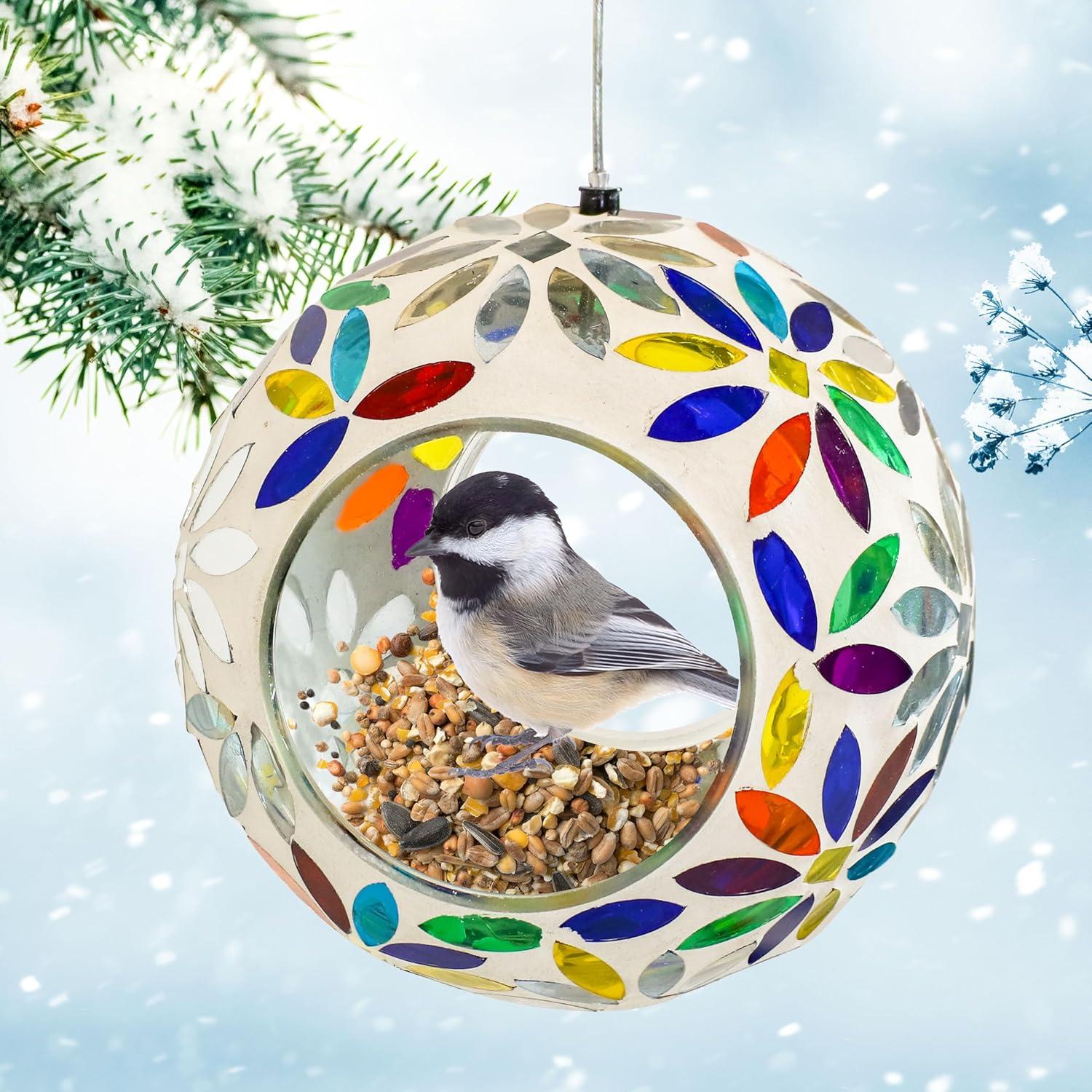 image:imageSunnydaze 10Inch Glass Mosaic Hanging Bird Feeder for Outdoors FlyThrough Glass Bird Feeder for Cardinals Jays Finches and More Pearl Pink FlowerRainbow Daisies Mosaic