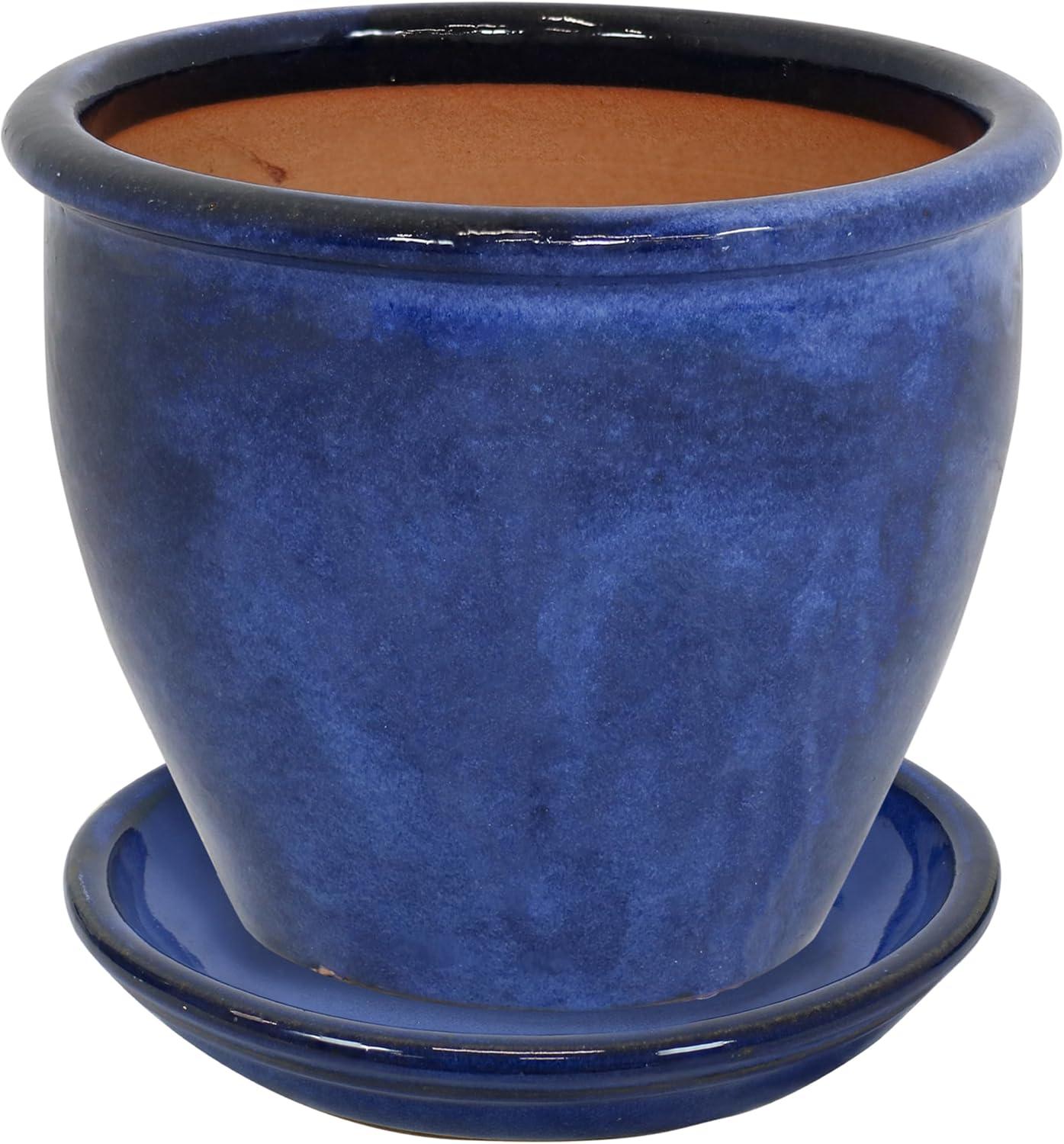 image:imageSunnydaze 12 Round Ceramic Planter Set with Saucers Set of 2 UV and FrostResistant Imperial BlueImperial Blue