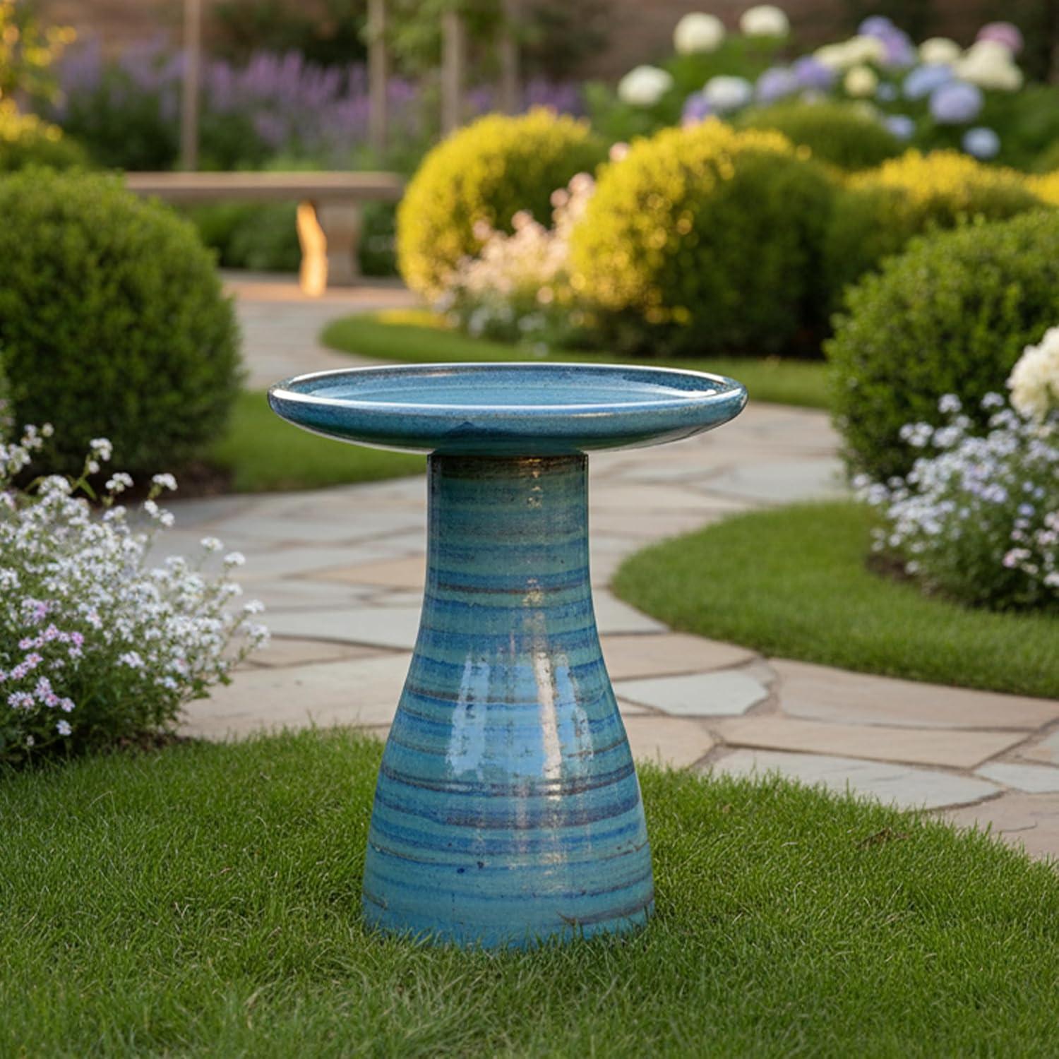 image:imageSunnydaze 21 H Ceramic Bird Bath for Outside HandPainted Outdoor Bird Bath Bowl UVFrostResistant Finish Lemon CognacCloud Swirl