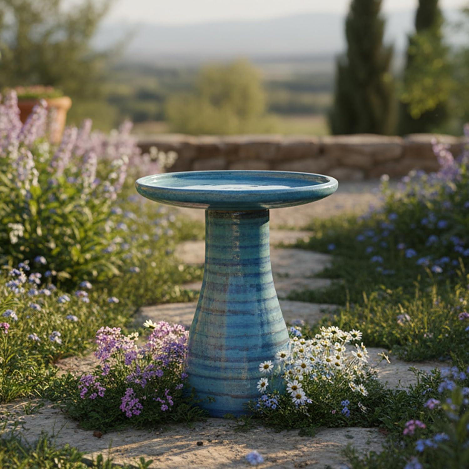 image:imageSunnydaze 21 H Ceramic Bird Bath for Outside HandPainted Outdoor Bird Bath Bowl UVFrostResistant Finish Lemon CognacCloud Swirl
