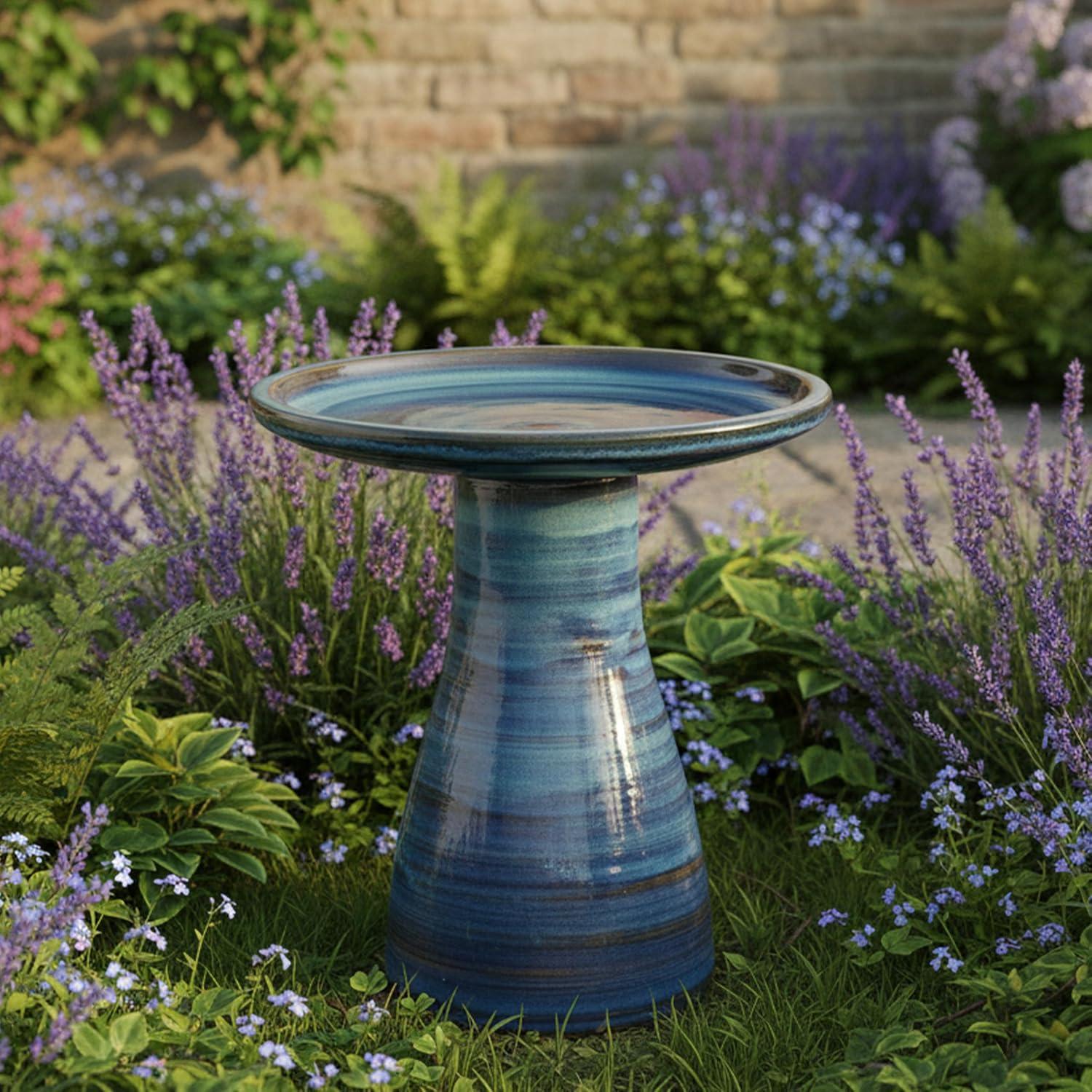 image:imageSunnydaze 21 H Ceramic Bird Bath for Outside HandPainted Outdoor Bird Bath Bowl UVFrostResistant Finish Lemon CognacGalaxy Blue