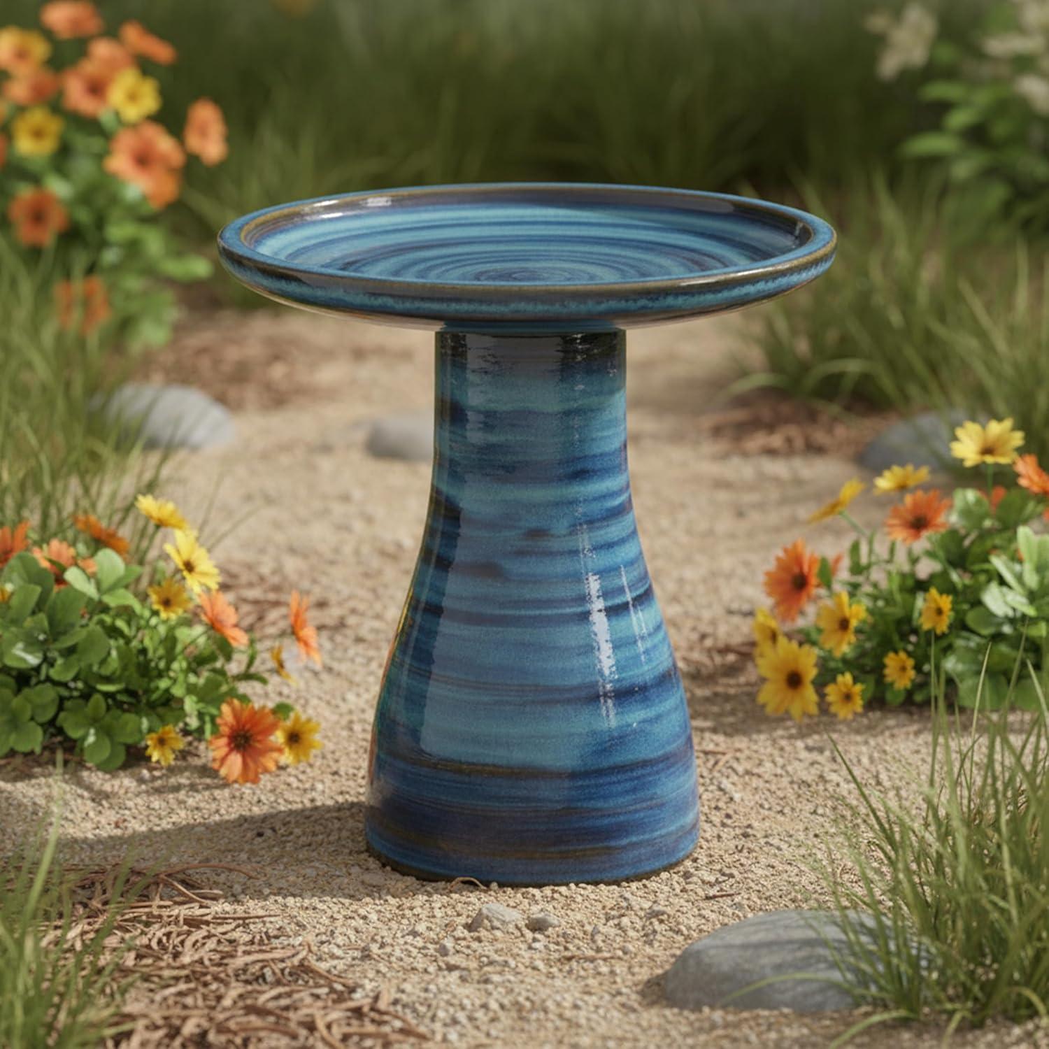 image:imageSunnydaze 21 H Ceramic Bird Bath for Outside HandPainted Outdoor Bird Bath Bowl UVFrostResistant Finish Lemon CognacGalaxy Blue