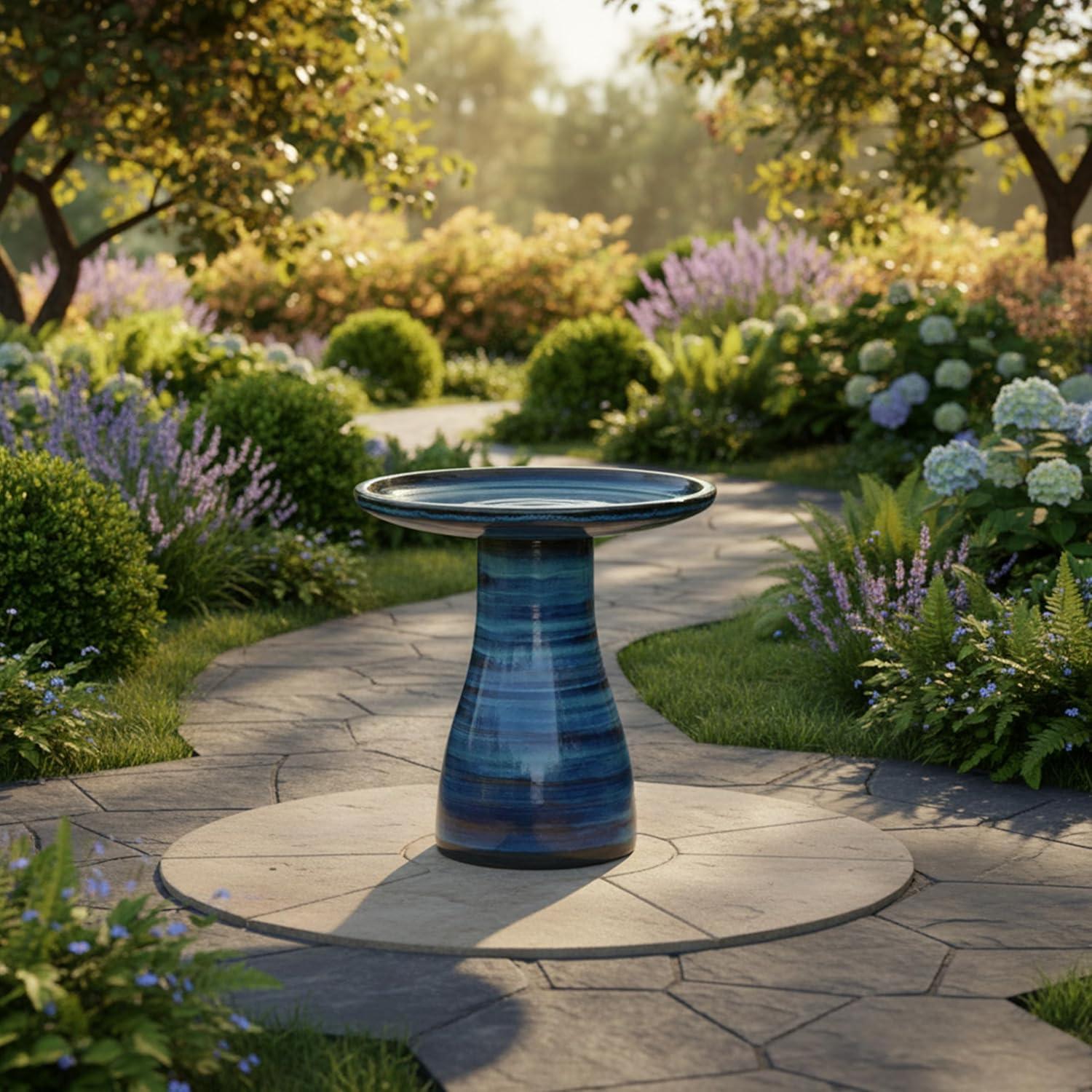 image:imageSunnydaze 21 H Ceramic Bird Bath for Outside HandPainted Outdoor Bird Bath Bowl UVFrostResistant Finish Lemon CognacGalaxy Blue