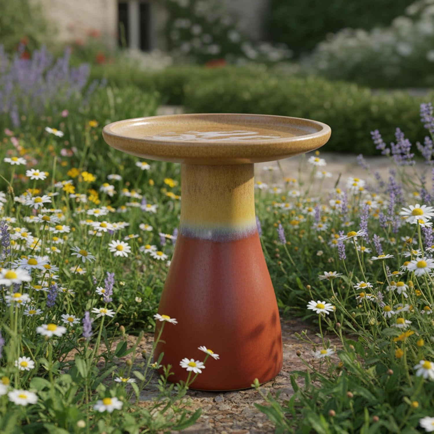 image:imageSunnydaze 21 H Ceramic Bird Bath for Outside HandPainted Outdoor Bird Bath Bowl UVFrostResistant Finish Lemon CognacLemon Cognac