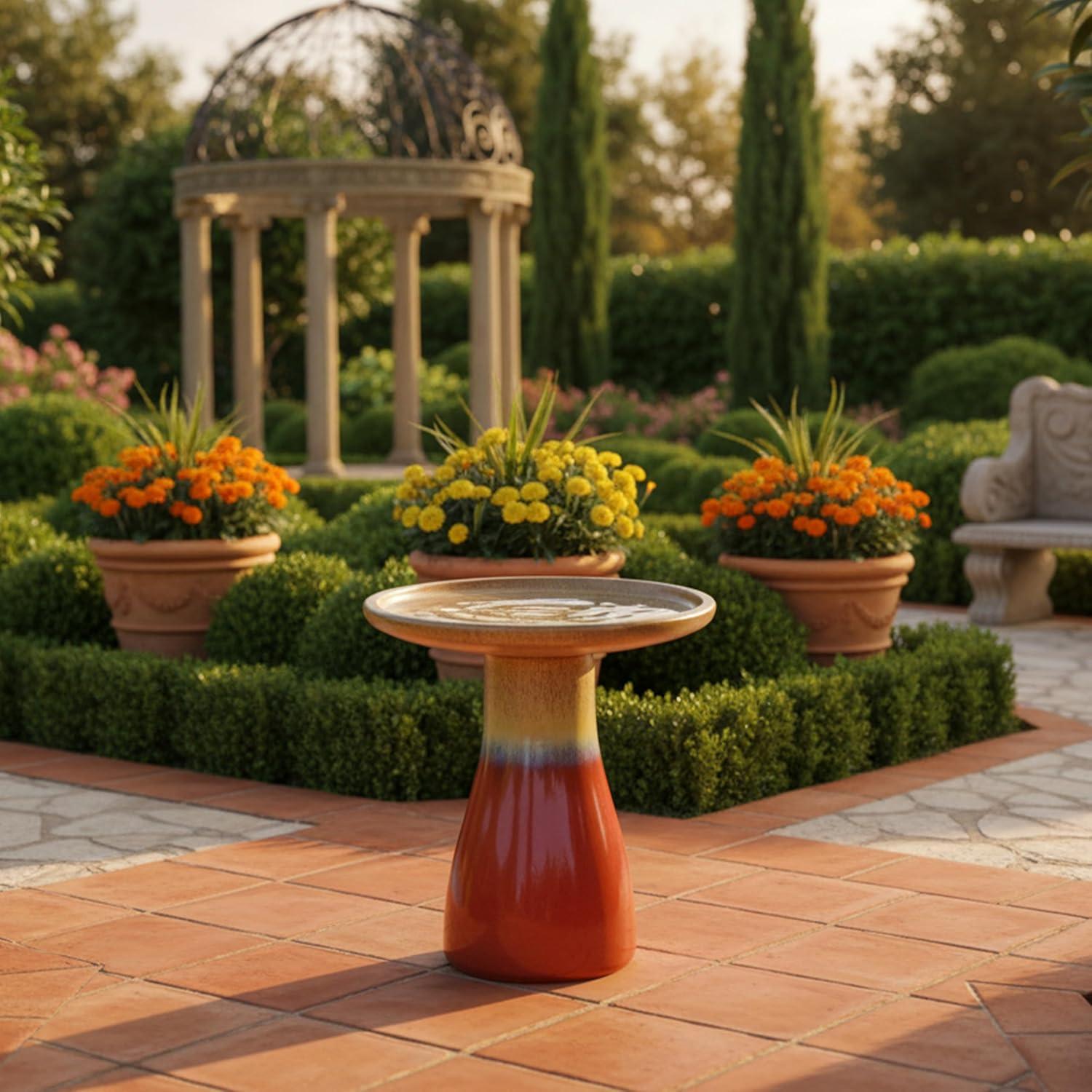 image:imageSunnydaze 21 H Ceramic Bird Bath for Outside HandPainted Outdoor Bird Bath Bowl UVFrostResistant Finish Lemon CognacLemon Cognac