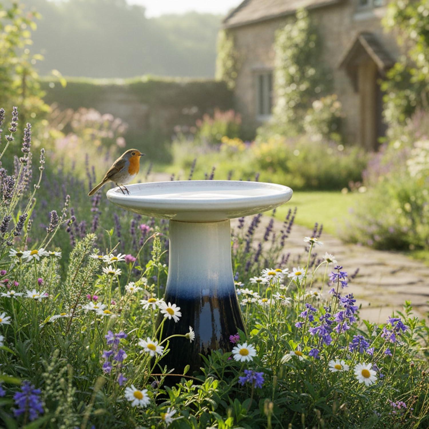 image:imageSunnydaze 21 H Ceramic Bird Bath for Outside HandPainted Outdoor Bird Bath Bowl UVFrostResistant Finish Lemon CognacTwilight