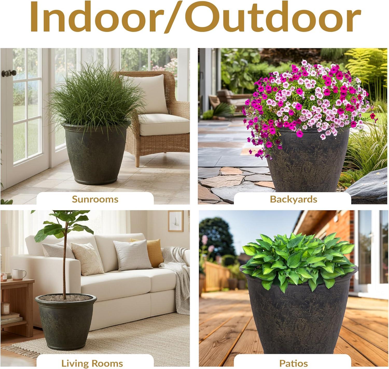 image:imageSunnydaze 24Inch Anjelica Large Plastic Pot for Plants Outdoor DoubleWalled Large Plastic Planter with Drillable Drainage Holes Matte Black 2pkSable