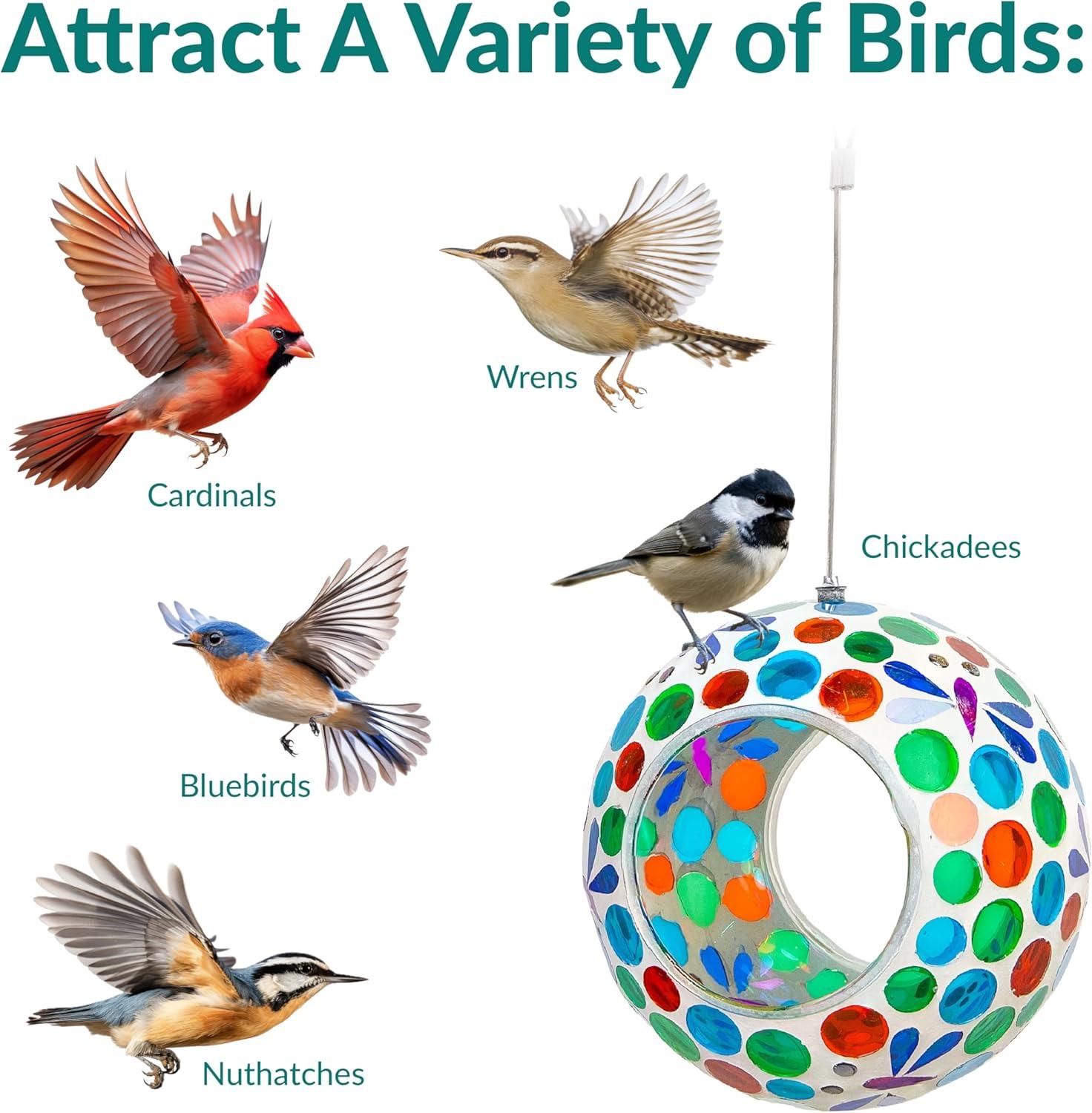 image:imageSunnydaze 6Inch Glass Mosaic Hanging Bird Feeder for Outdoors FlyThrough Glass Bird Feeder for Cardinals Jays Finches and More Set of 8Dragonfly Dreams