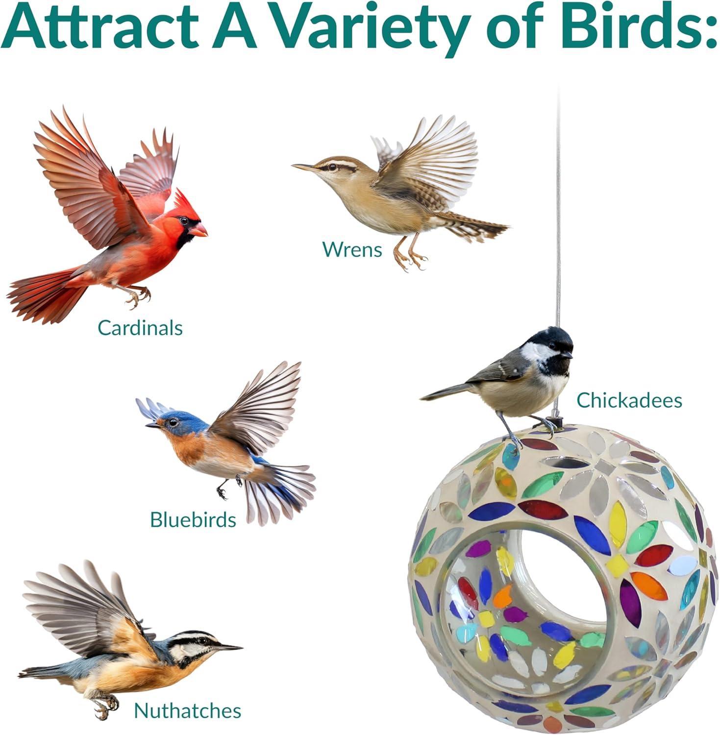 image:imageSunnydaze 6Inch Glass Mosaic Hanging Bird Feeder for Outdoors FlyThrough Glass Bird Feeder for Cardinals Jays Finches and More Set of 8Rainbow Daisies Mosaic