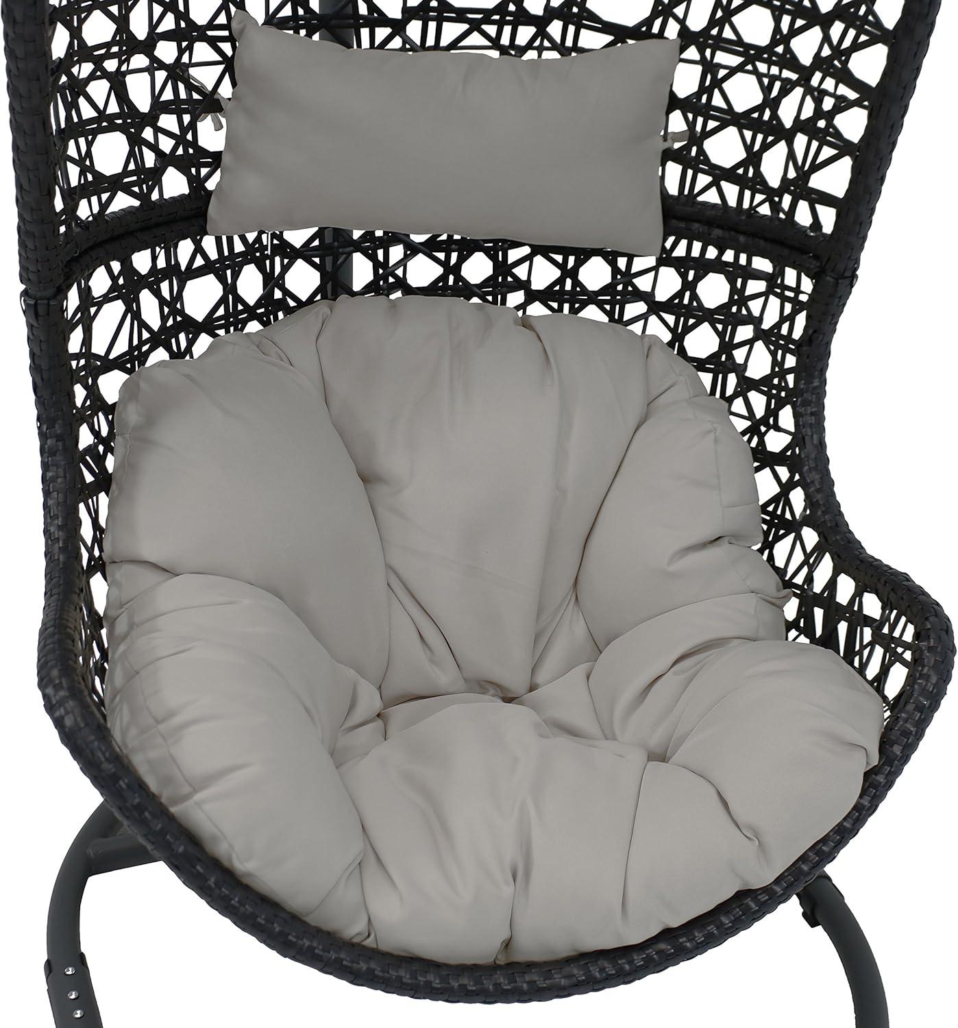 image:imageSunnydaze Cordelia Hanging Egg Chair with Steel Stand Set Resin Wicker Large Basket Design Outdoor Use Includes Cushion