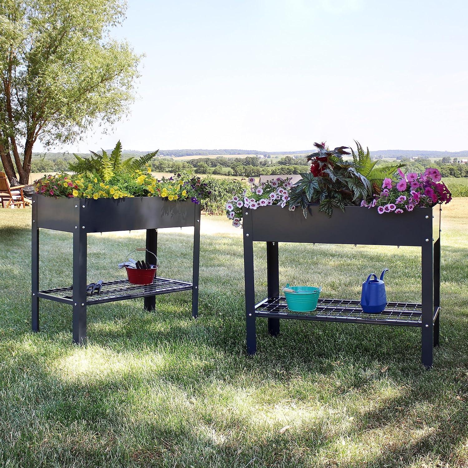 image:imageSunnydaze Galvanized Steel Raised Garden Bed Set of 2 Elevated Planter Boxes Individual or Connected Use Features Lower Storage Shelf BrownDark Gray