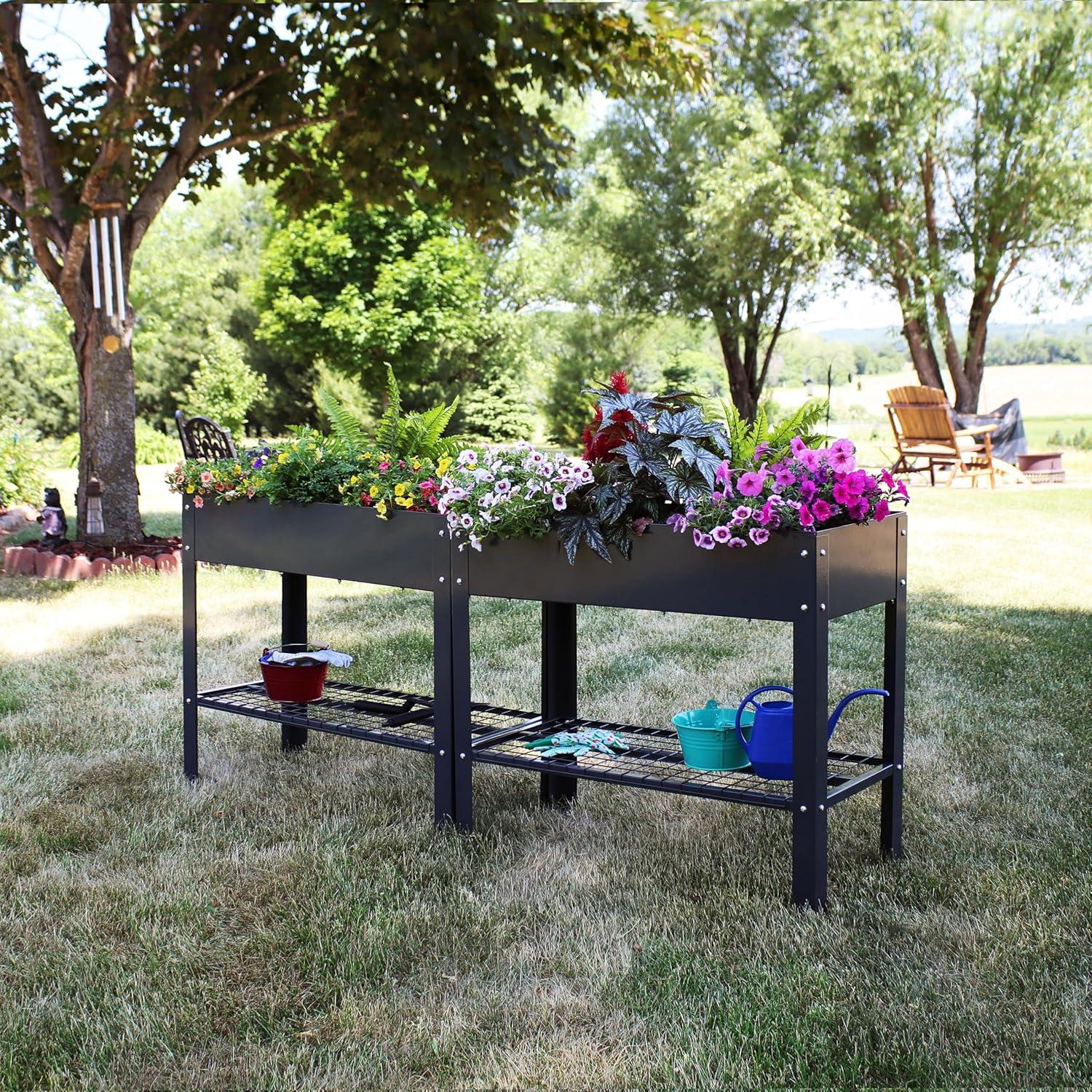 image:imageSunnydaze Galvanized Steel Raised Garden Bed Set of 2 Elevated Planter Boxes Individual or Connected Use Features Lower Storage Shelf BrownDark Gray