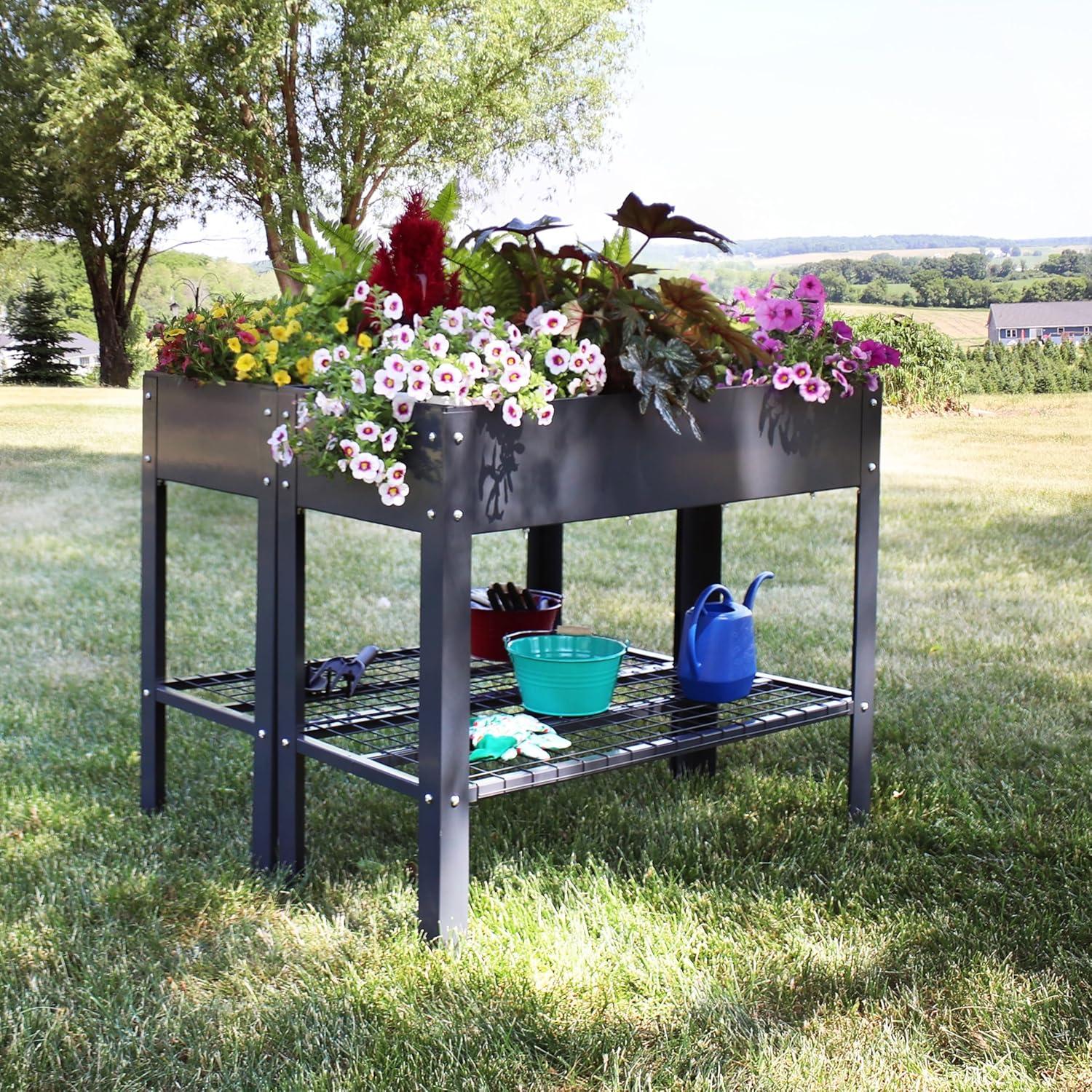 image:imageSunnydaze Galvanized Steel Raised Garden Bed Set of 2 Elevated Planter Boxes Individual or Connected Use Features Lower Storage Shelf BrownDark Gray