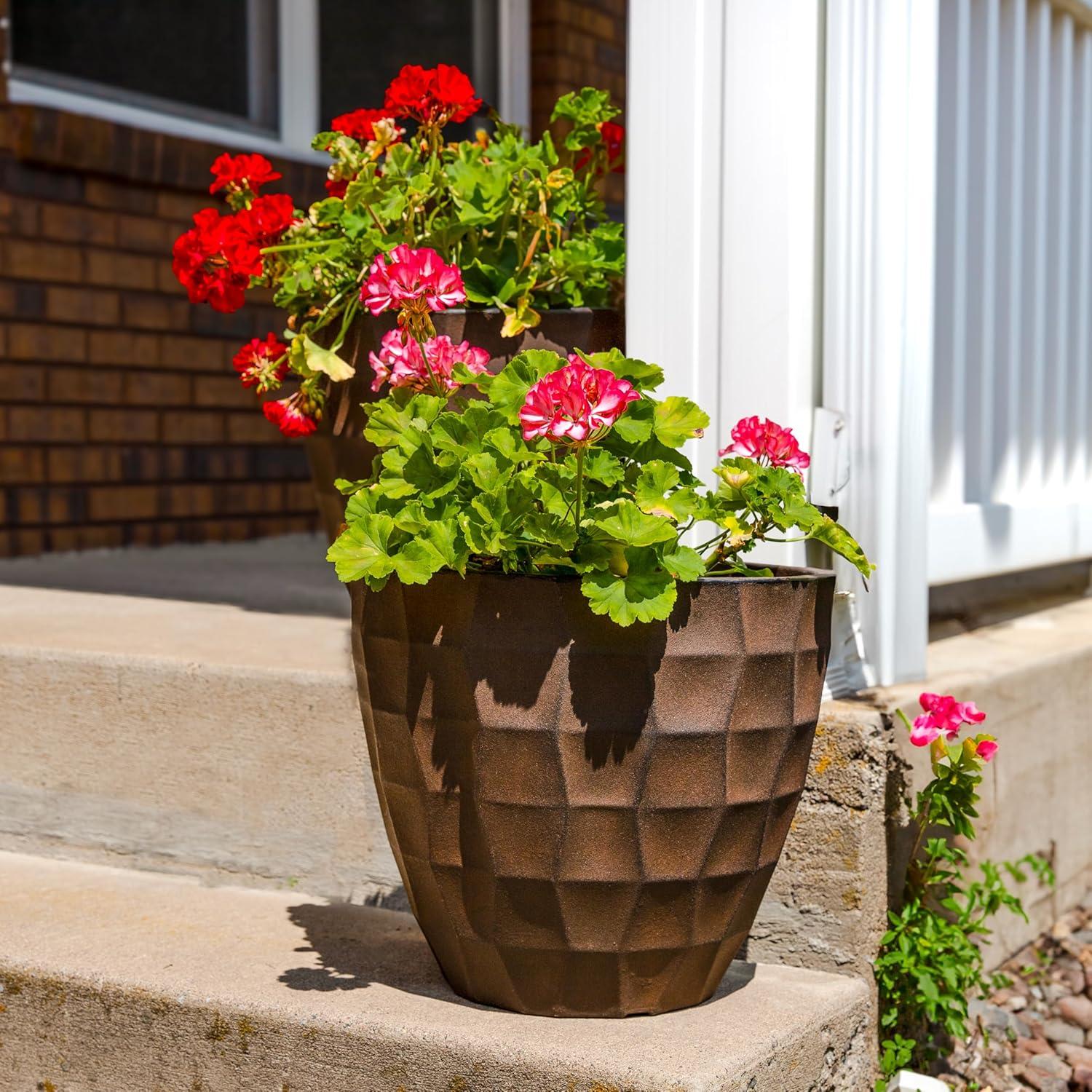 image:imageSunnydaze Pebbled Polyresin Round Outdoor Planter 1575 Flower Pot for Indoor or Outdoor Use Dark Brown Set of 41
