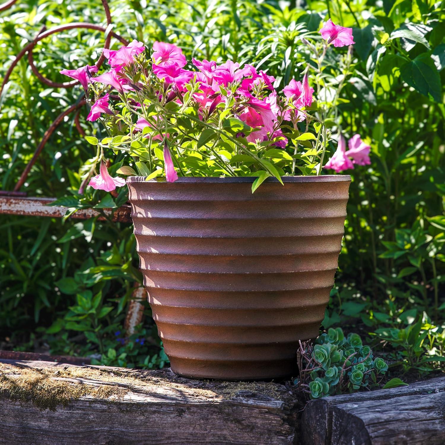 image:imageSunnydaze Ribbed 13 Outdoor Plant Pot Polyresin DoubleWalled Planter for Indoor or Outdoor Use Rust Set of 213 in