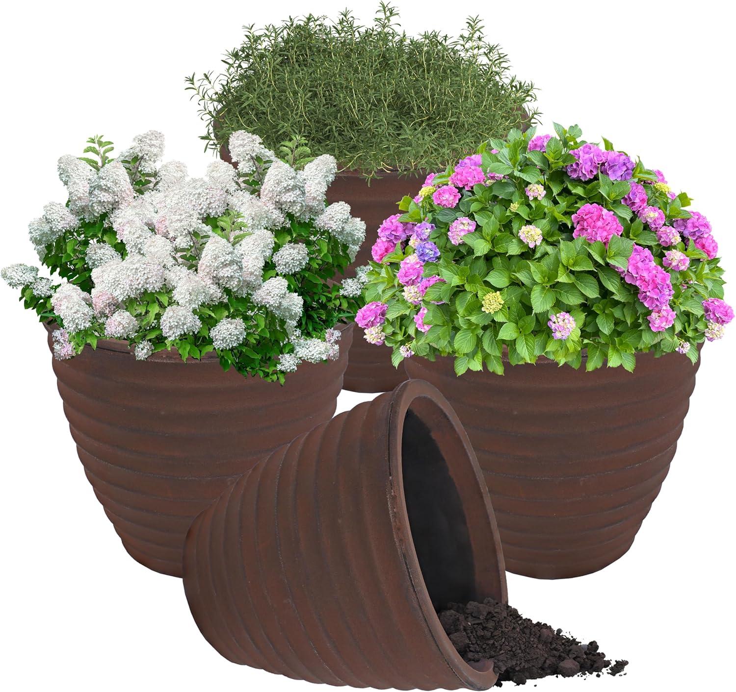 image:imageSunnydaze Ribbed 13 Outdoor Plant Pot Polyresin DoubleWalled Planter for Indoor or Outdoor Use Rust Set of 213 in
