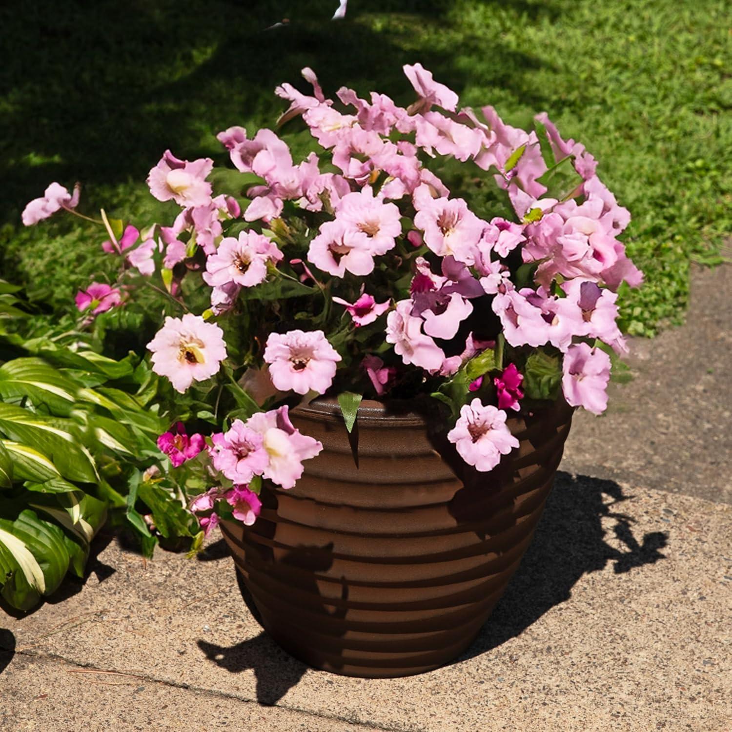image:imageSunnydaze Ribbed 13 Outdoor Plant Pot Polyresin DoubleWalled Planter for Indoor or Outdoor Use Rust Set of 216 in