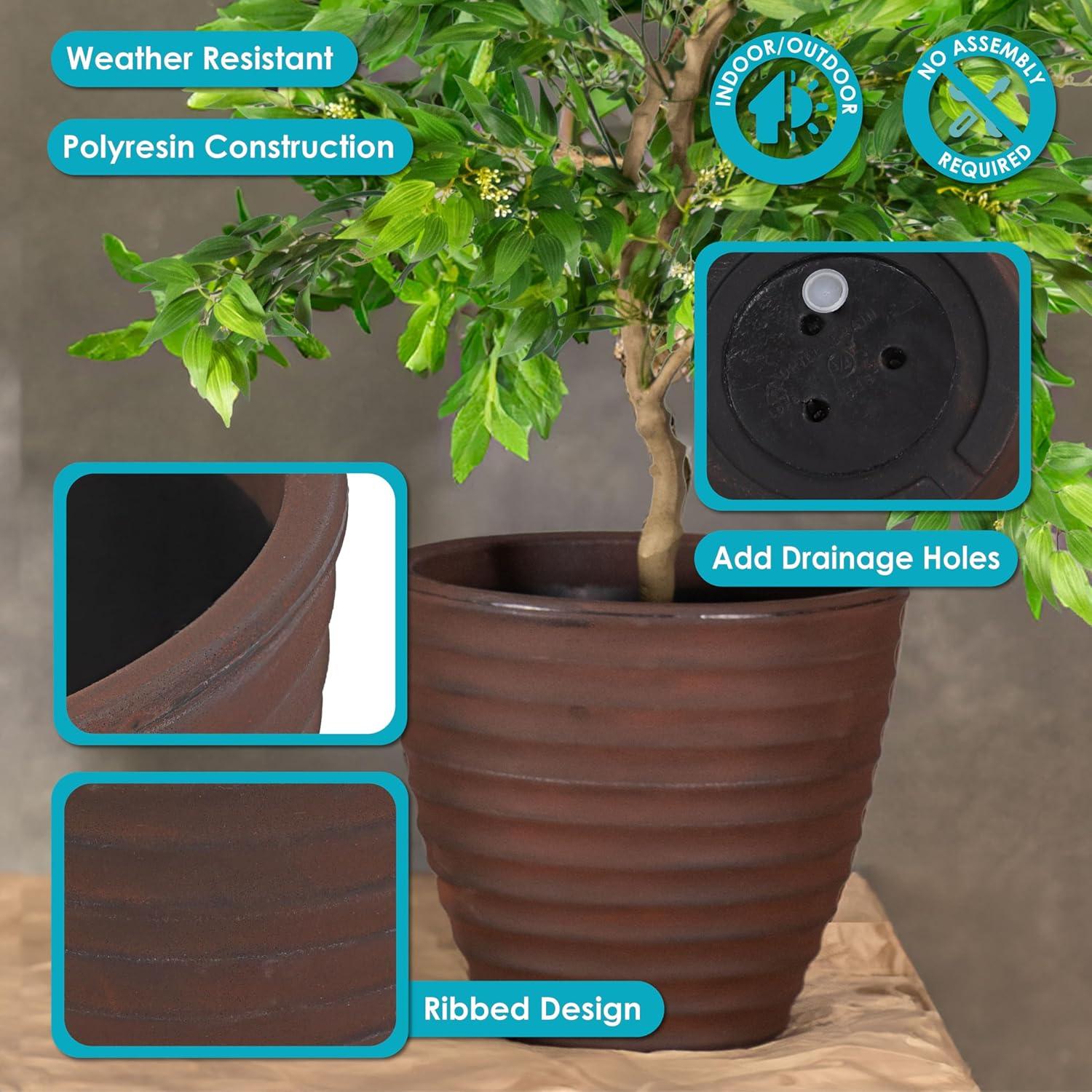 image:imageSunnydaze Ribbed 13 Outdoor Plant Pot Polyresin DoubleWalled Planter for Indoor or Outdoor Use Rust Set of 216 in