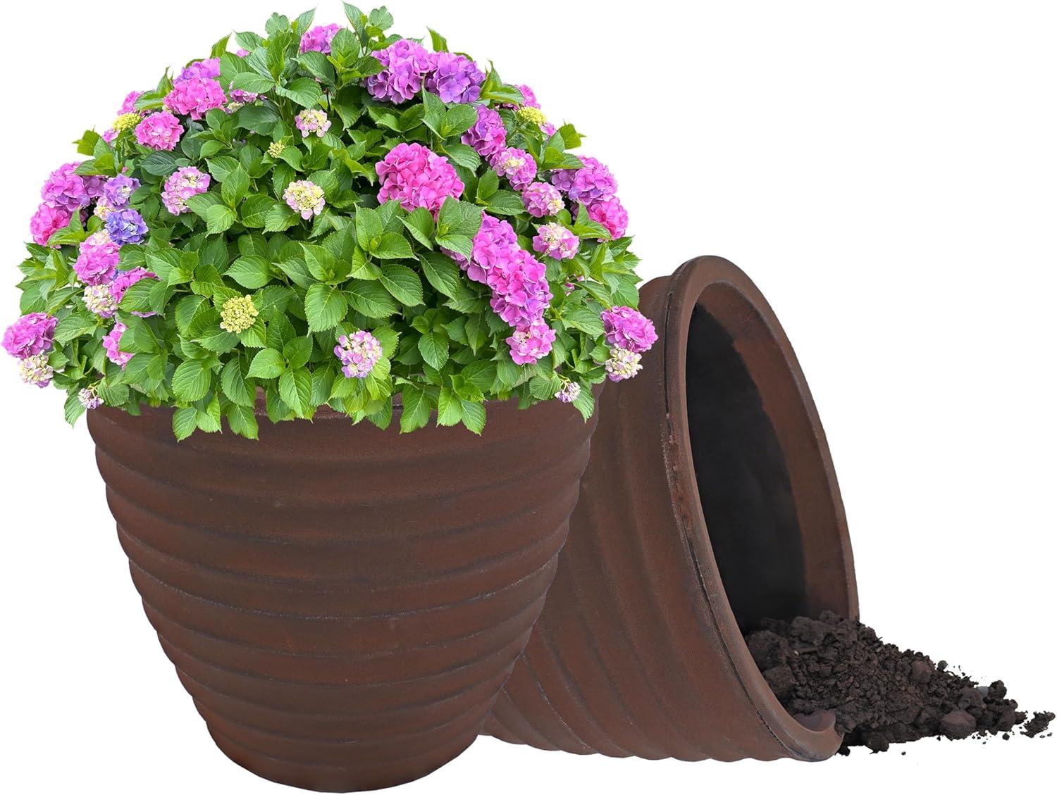 image:imageSunnydaze Ribbed 13 Outdoor Plant Pot Polyresin DoubleWalled Planter for Indoor or Outdoor Use Rust Set of 216 in