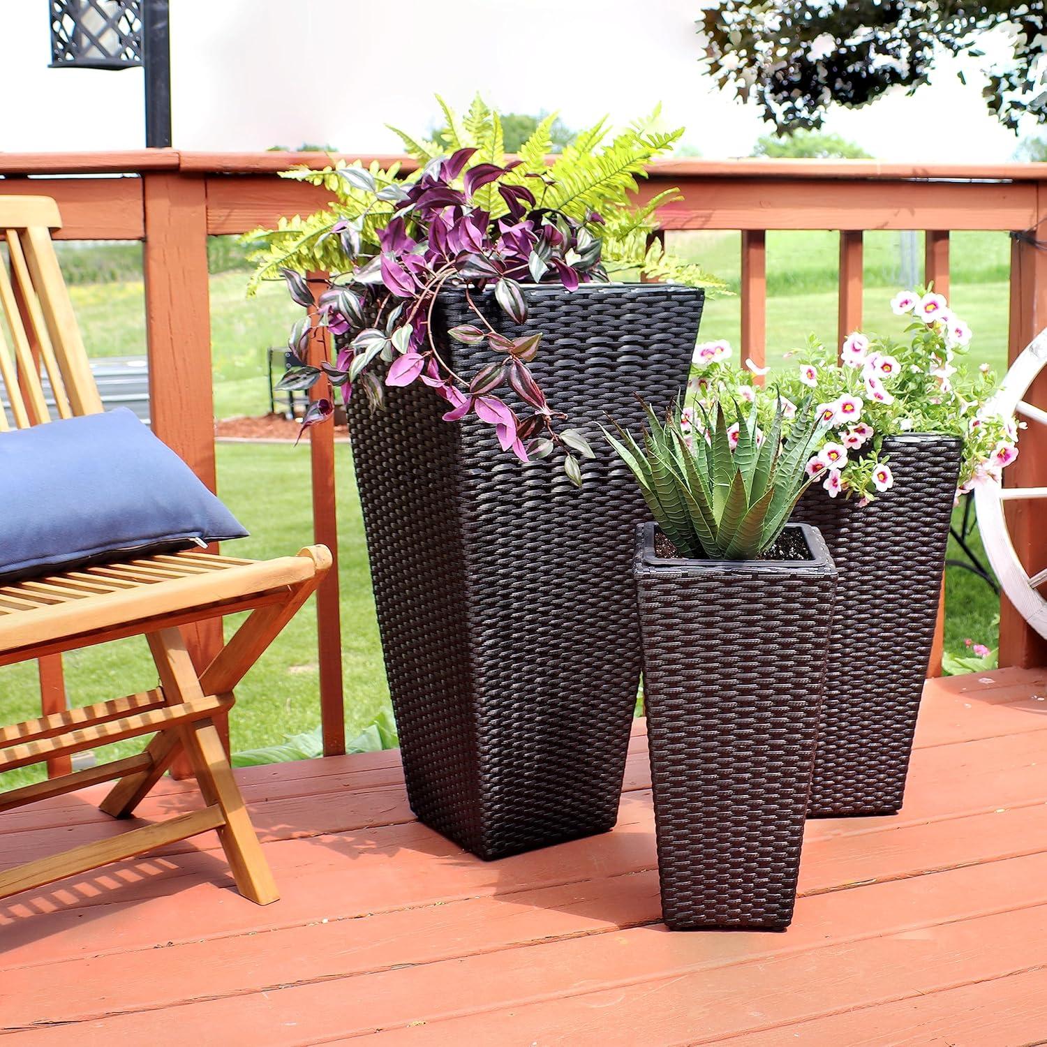 image:imageSunnydaze Square Tall Wicker Outdoor Planter Set of 3 Polyrattan Large Outdoor Planters for Porch Patio or Garden 9 115 1475 Tall Plant Pots BrownBlack