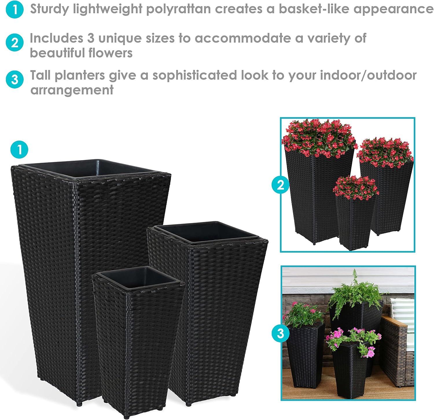 image:imageSunnydaze Square Tall Wicker Outdoor Planter Set of 3 Polyrattan Large Outdoor Planters for Porch Patio or Garden 9 115 1475 Tall Plant Pots BrownBlack