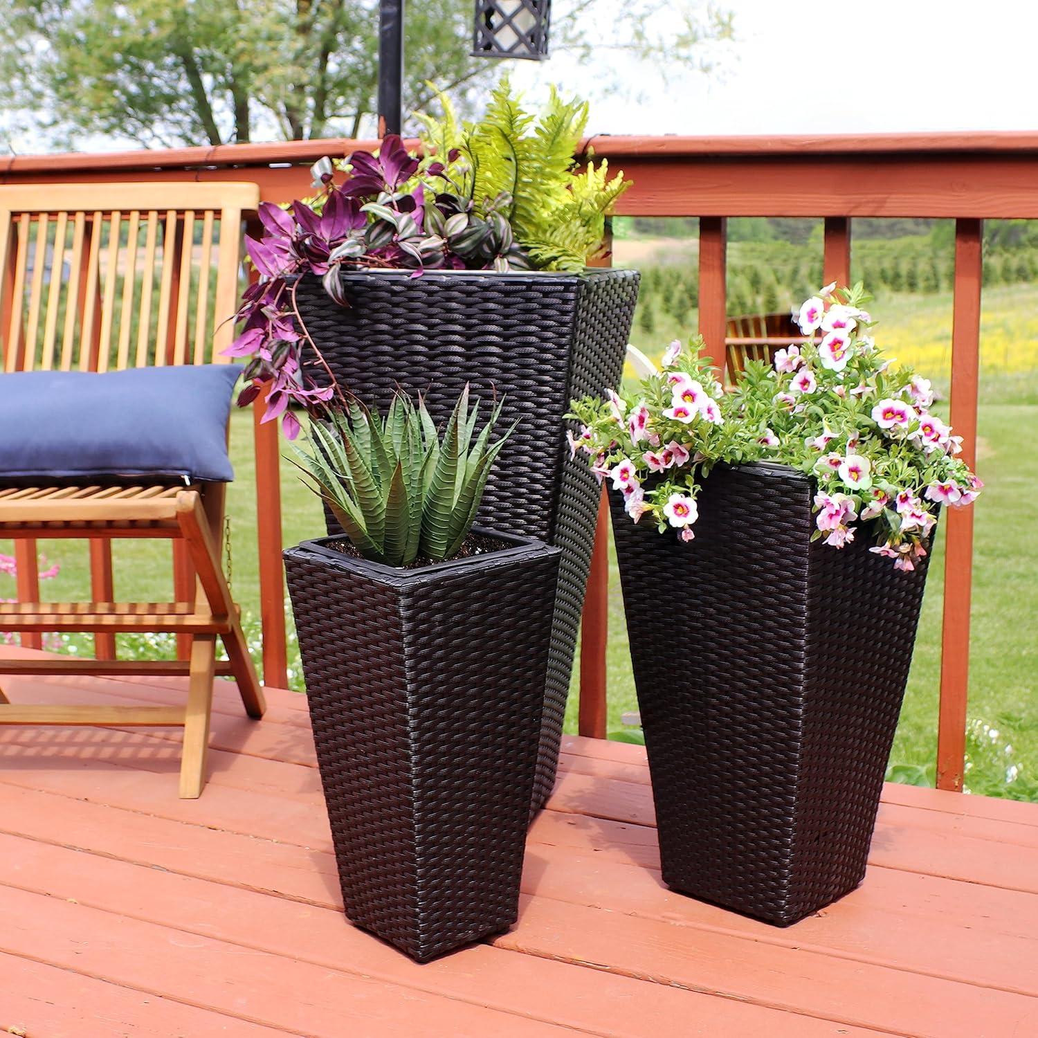 image:imageSunnydaze Square Tall Wicker Outdoor Planter Set of 3 Polyrattan Large Outdoor Planters for Porch Patio or Garden 9 115 1475 Tall Plant Pots BrownBlack