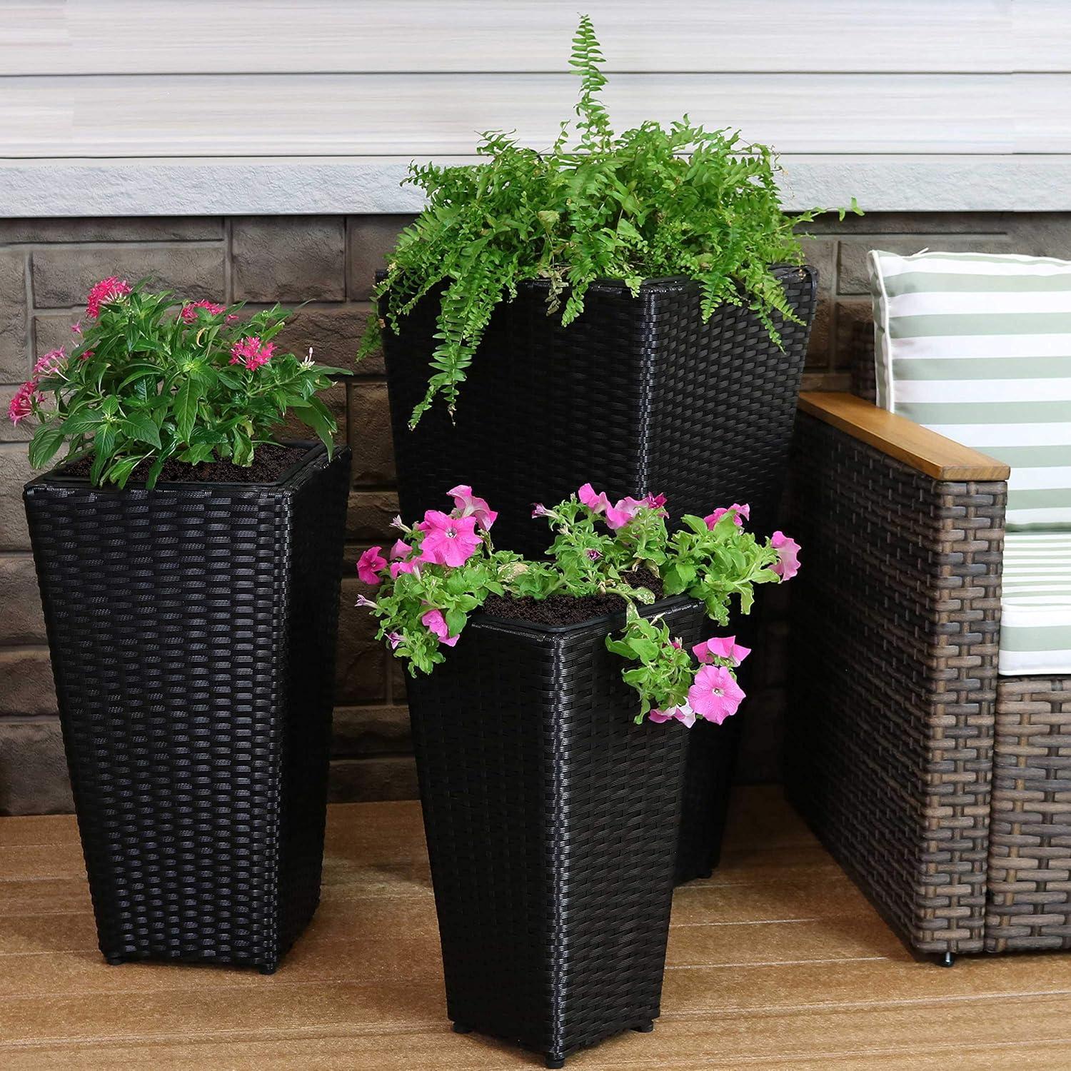 image:imageSunnydaze Square Tall Wicker Outdoor Planter Set of 3 Polyrattan Large Outdoor Planters for Porch Patio or Garden 9 115 1475 Tall Plant Pots BrownBlack
