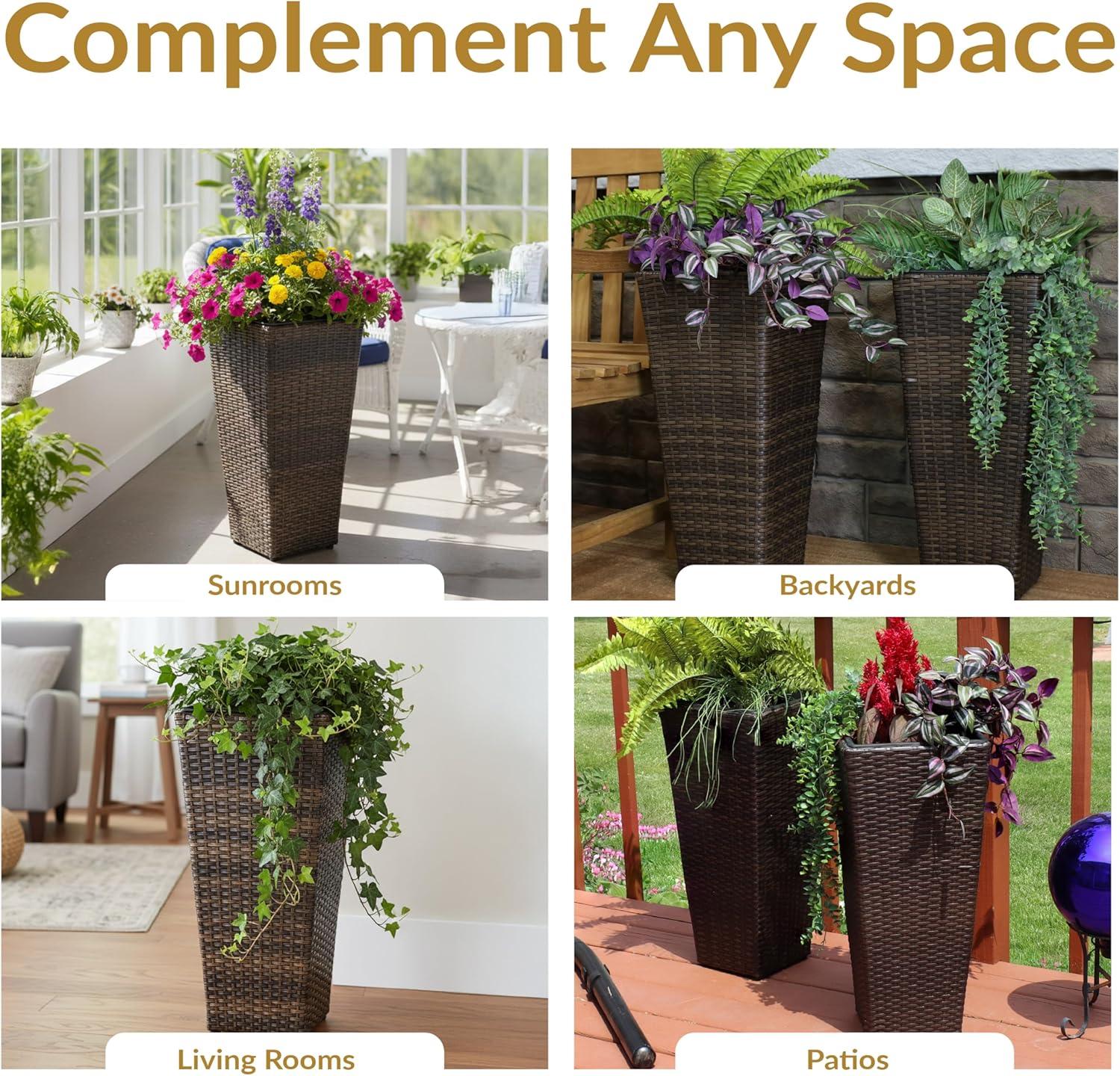 image:imageSunnydaze Square Tall Wicker Outdoor Planter Set of 8 Polyrattan Large Outdoor Planters for Porch Patio or Garden 20 Tall Plant Pots BrownBrown