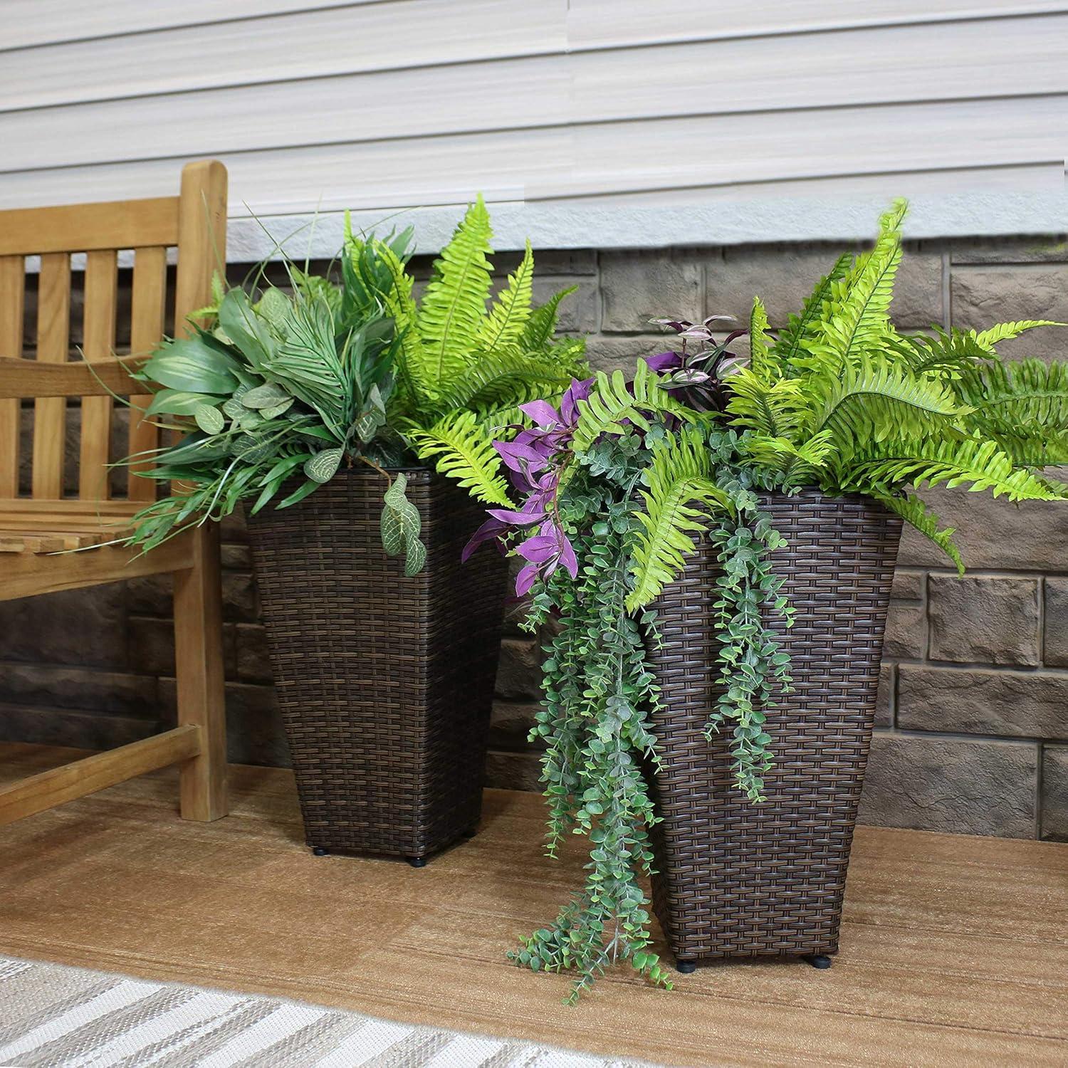image:imageSunnydaze Square Tall Wicker Outdoor Planter Set of 8 Polyrattan Large Outdoor Planters for Porch Patio or Garden 20 Tall Plant Pots BrownBrown