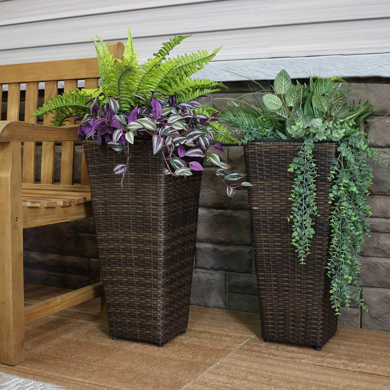 image:imageSunnydaze Square Tall Wicker Outdoor Planter Set of 8 Polyrattan Large Outdoor Planters for Porch Patio or Garden 20 Tall Plant Pots BrownBrown