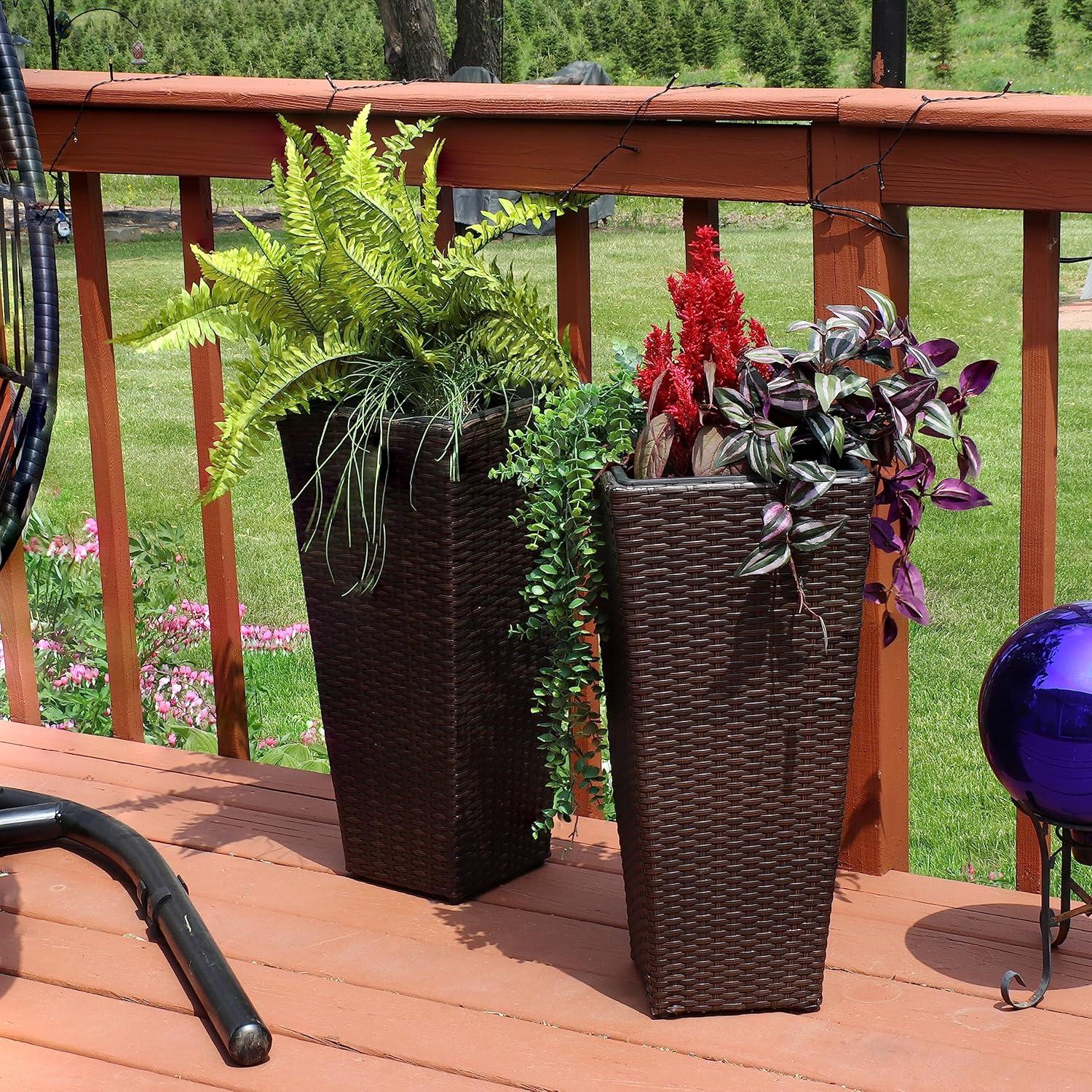 image:imageSunnydaze Square Tall Wicker Outdoor Planter Set of 8 Polyrattan Large Outdoor Planters for Porch Patio or Garden 20 Tall Plant Pots BrownBrown
